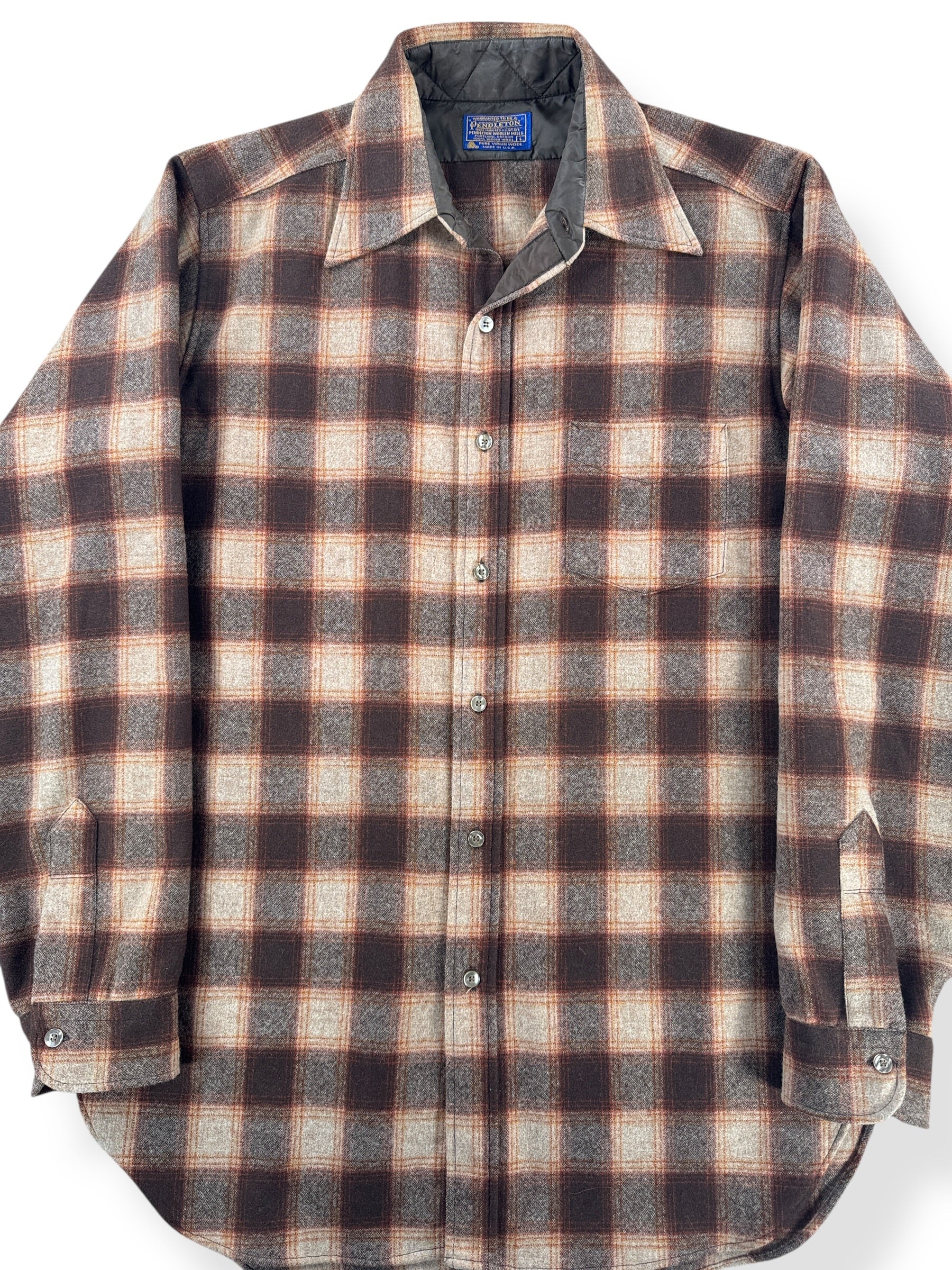 Front Close Up of Vintage Brown And Orange Pendleton Flannel SZ L