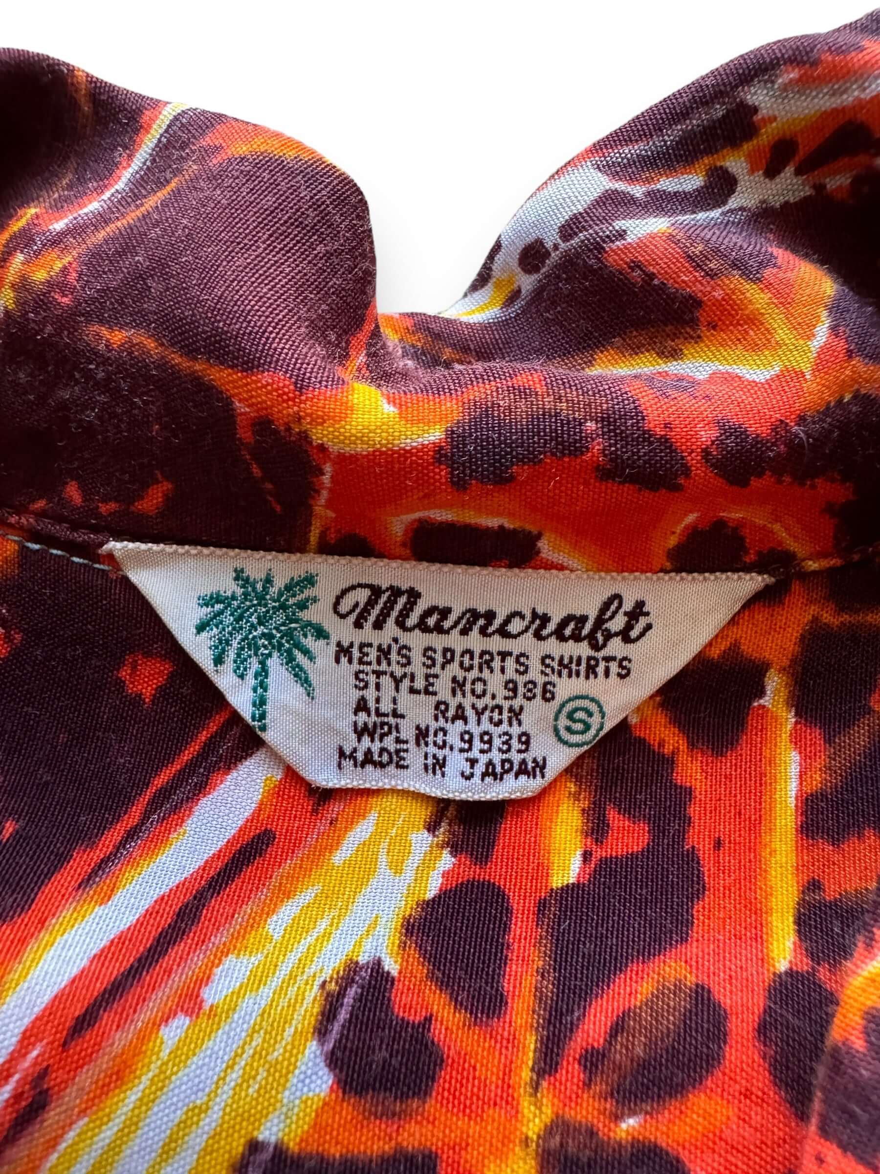 tag on Vintage Mancraft Red 100% Rayon Mande in Japan Aloha Shirt SZ S