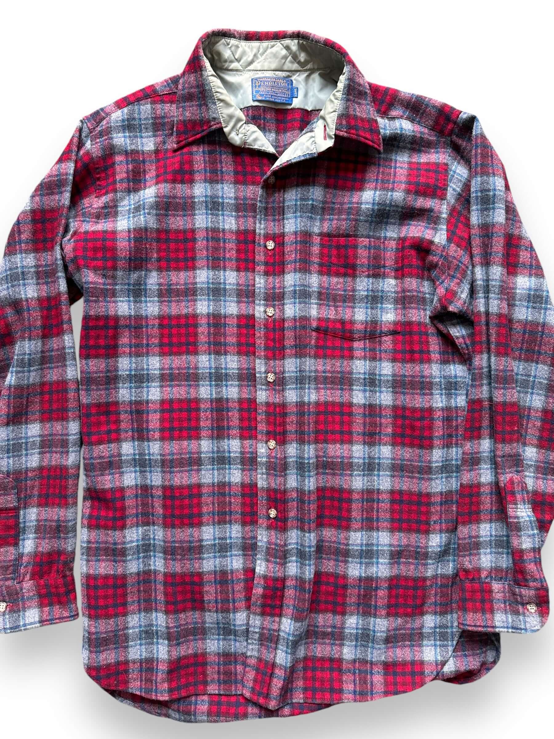 Front Detail on Vintage Red/Grey/Blue Pendleton Wool Flannel SZ L