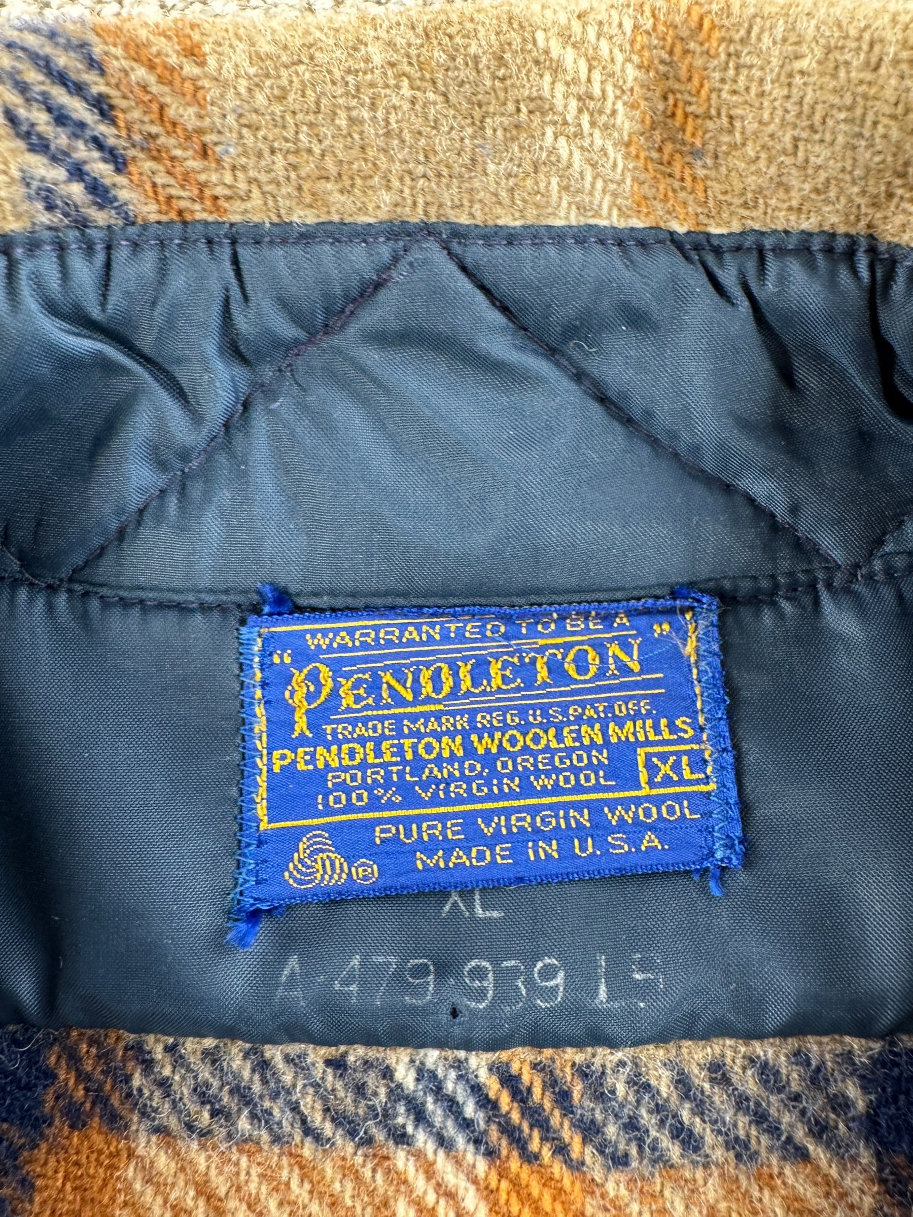 Label on Vintage Beige & Yellow Pendelton Flannel SZ XL