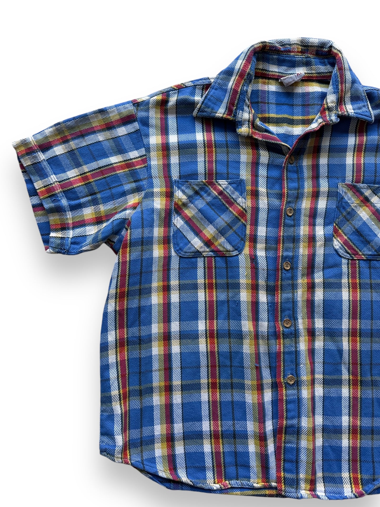 front right of Vintage Big Mac Blue/Red/Yellow Short Sleeve Cotton Flannel SZ XL