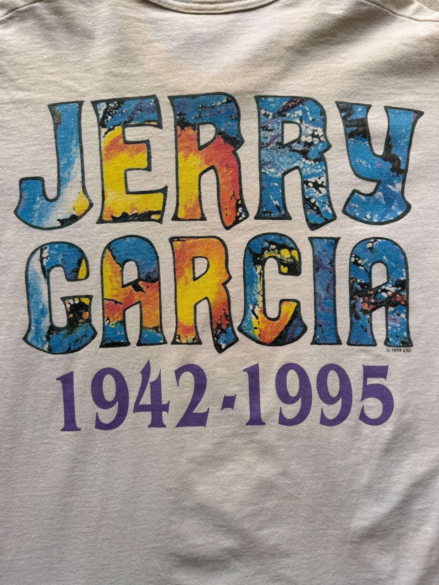 back graphic close up of Vintage Jerry Garcia Memorial Liquid Blue Tee SZ XL