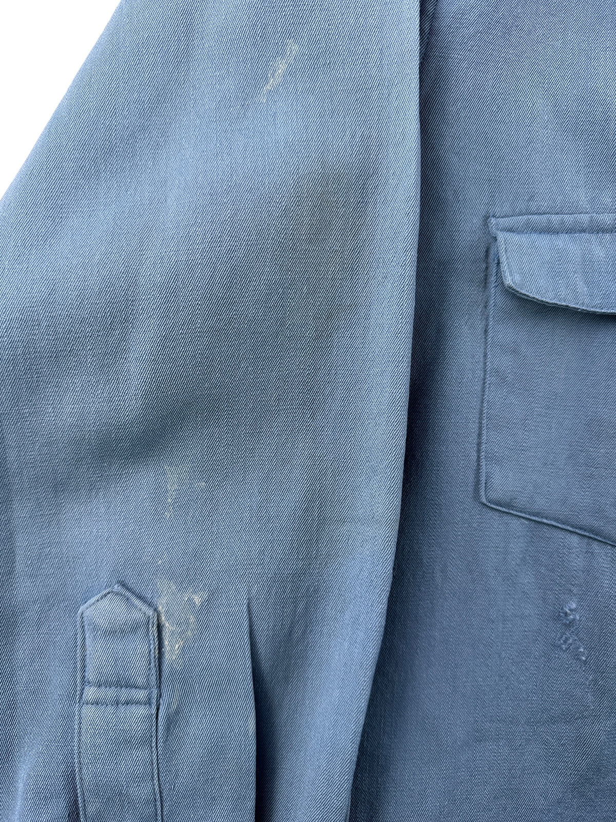 Ware on sleeve of Vintage 40s Era Levis DeLuxe Lorraine Worsted Wool Pearl Snap SZ XL