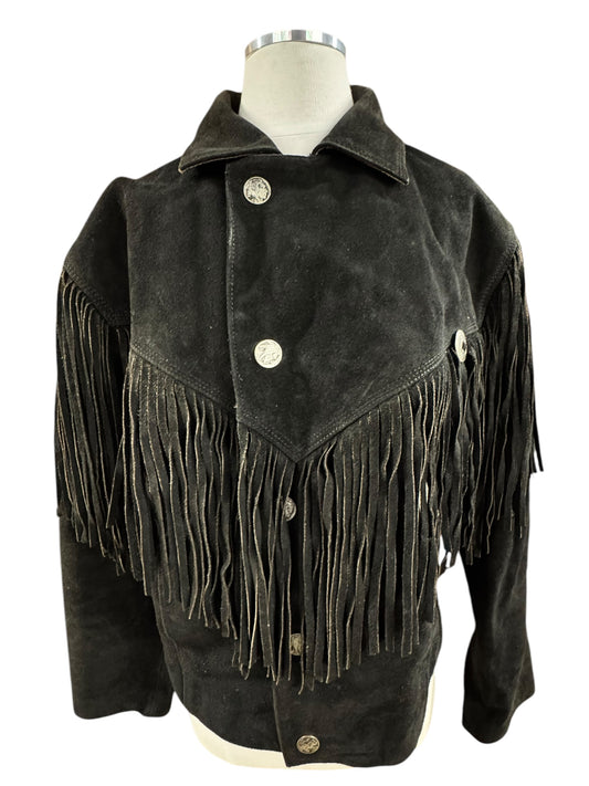 Front view of 1980s Wilsons Suede Fringe Jacket L