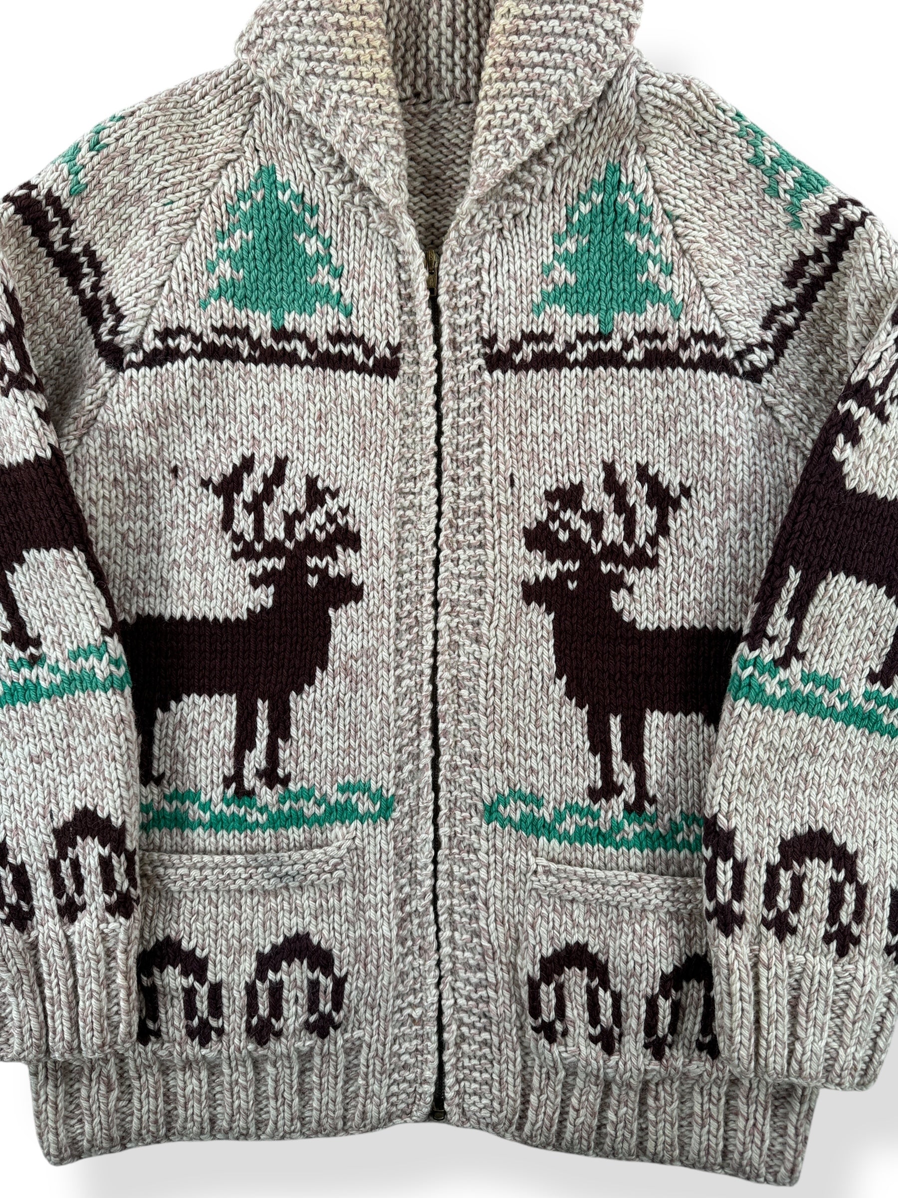 Front Close Up of Vintage Mary Maxim Deer Cowichan Sweater SZ S