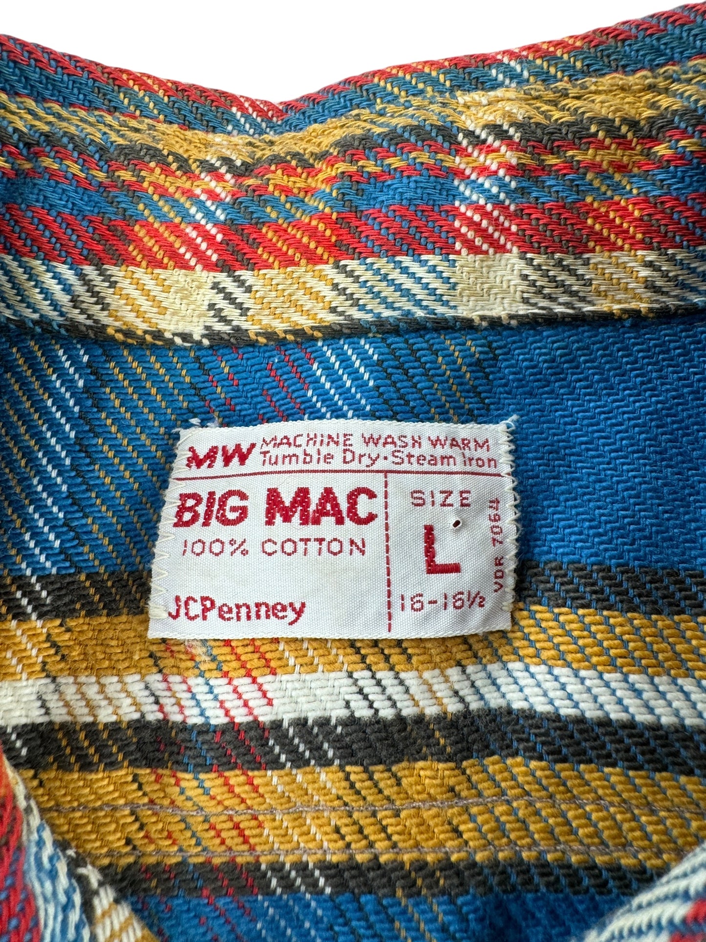 Tag on Vintage Big Mac Blue and Yellow Plaid Cotton Flannel SZ L