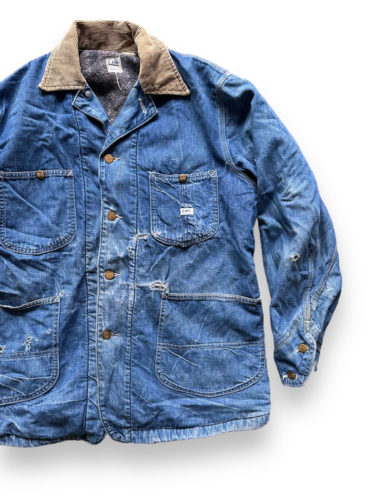 Front Left View of Vintage Blanket Lined Lee Denim Chore Jacket SZ XL| Vintage Denim Workwear | Seattle Vintage Workwear