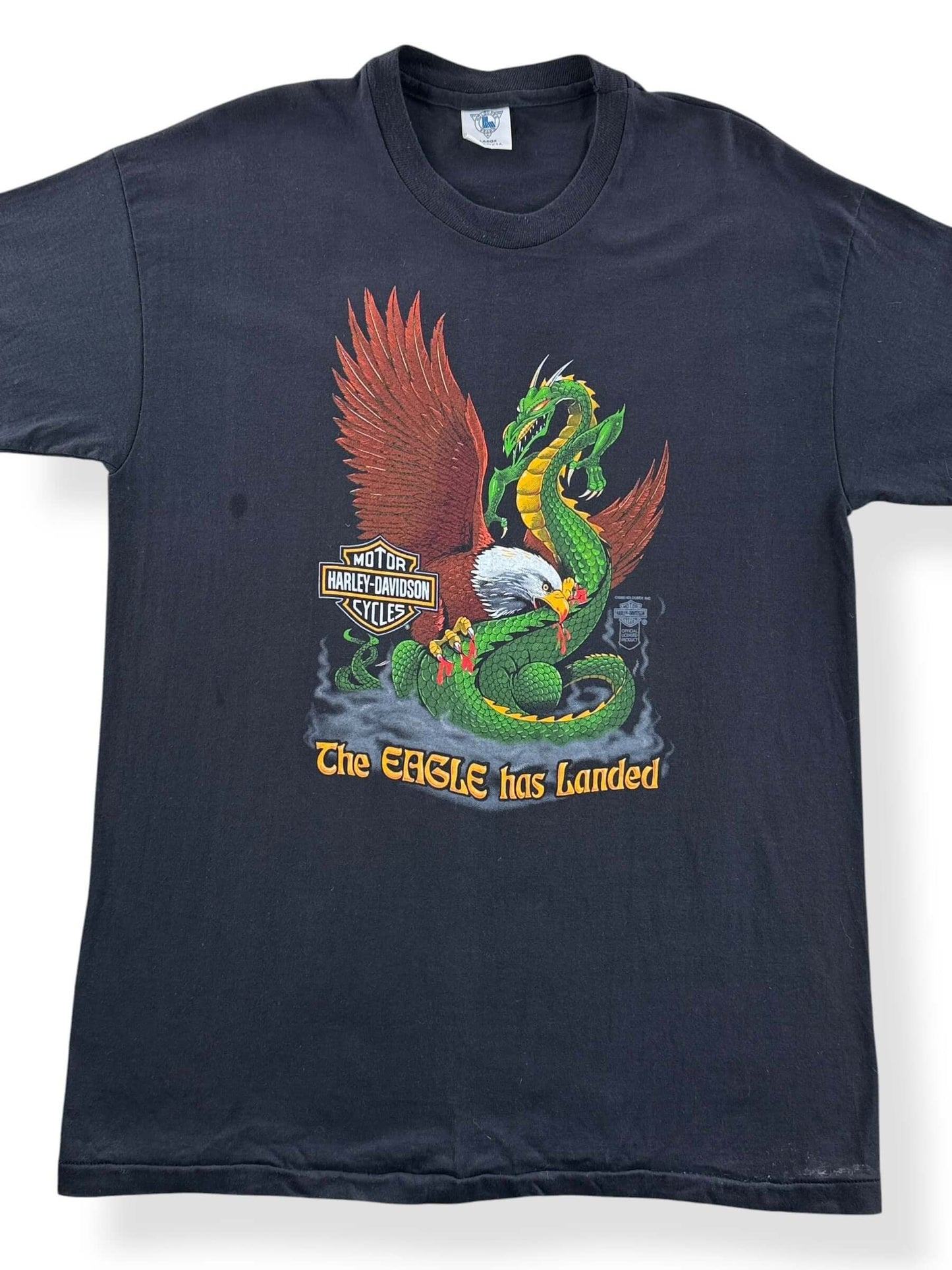 Front Close Up of Vintage Holoubek Palm Beach Harley Davidson Eagle Has Landed Tee SZ L