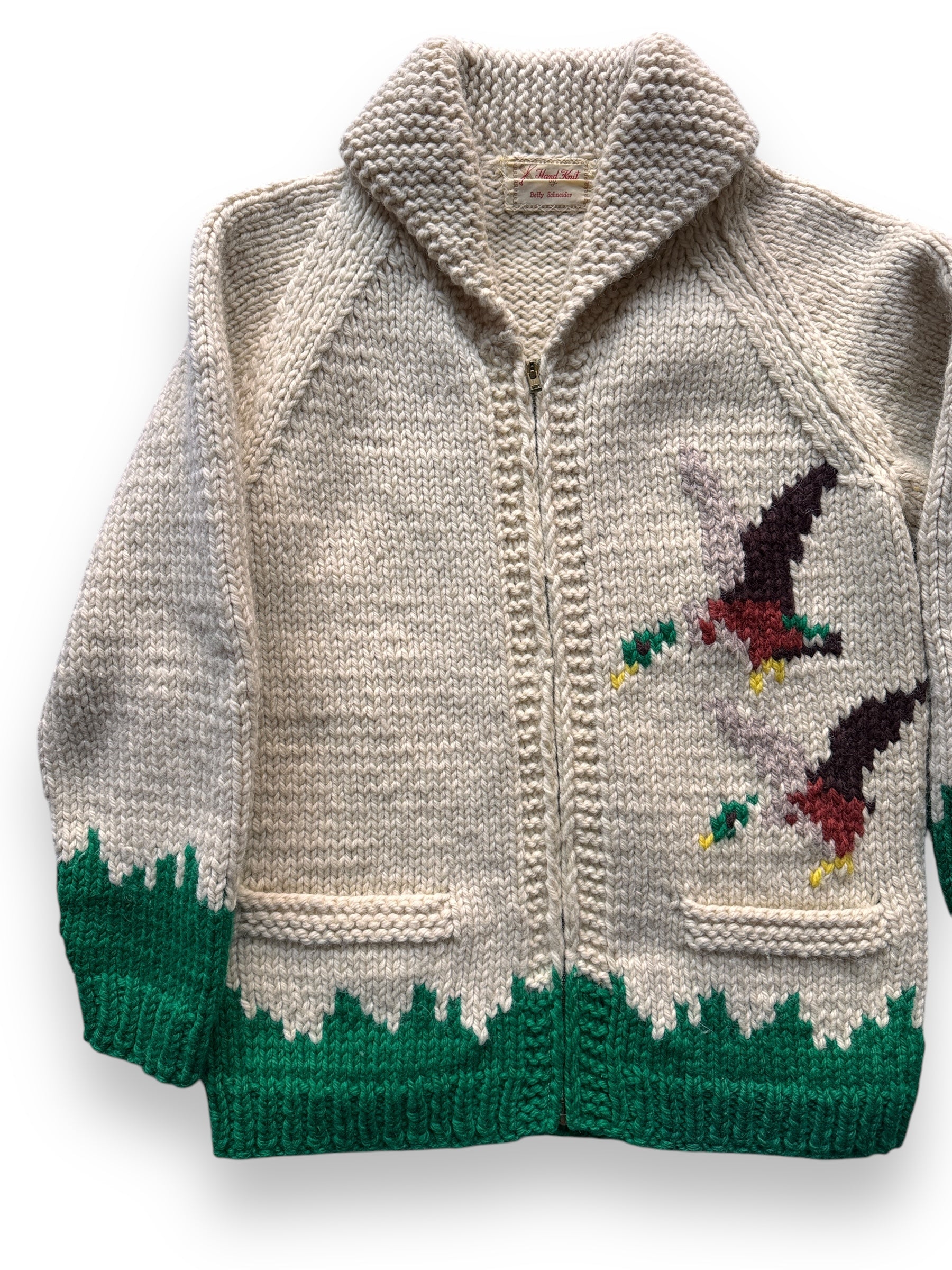 Front Right Themed View of Vintage Duck Themed Cowichan Style Sweater SZ M