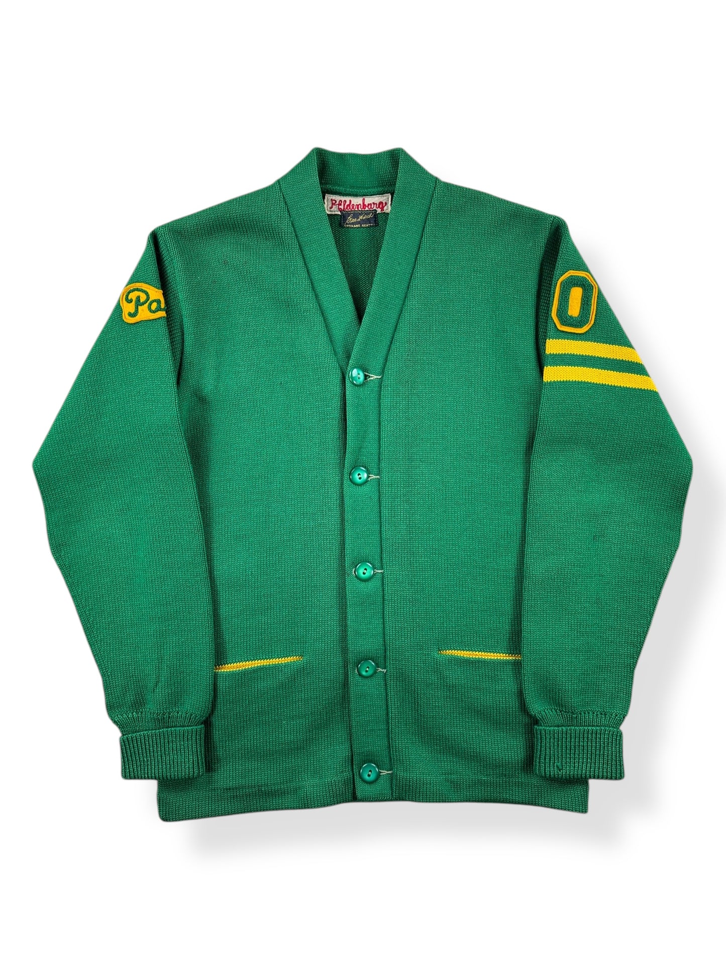 Front of Vintage 1960 Green & Yellow Varsity Cardigan SZ S