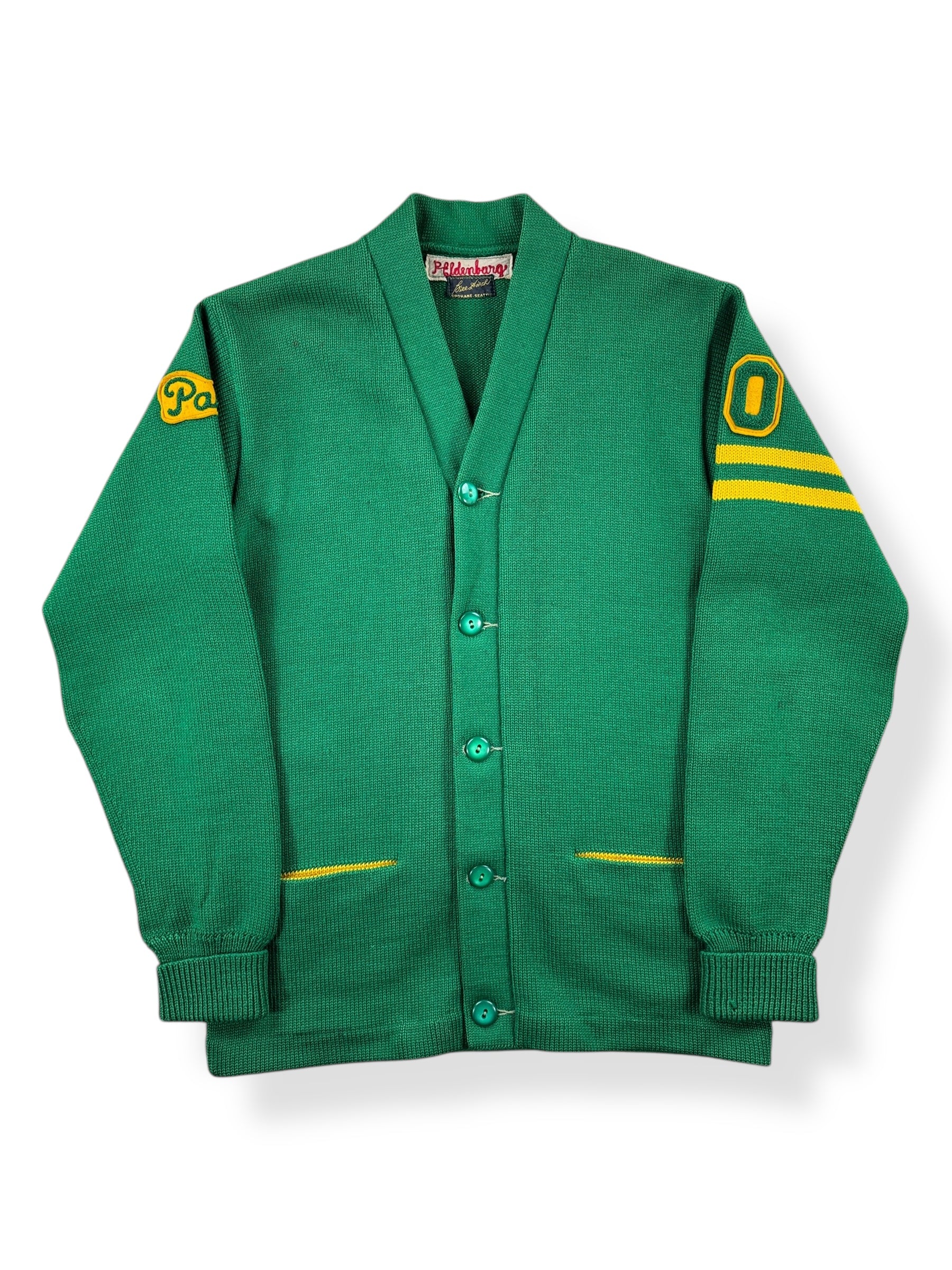 Front of Vintage 1960 Green & Yellow Varsity Cardigan SZ S