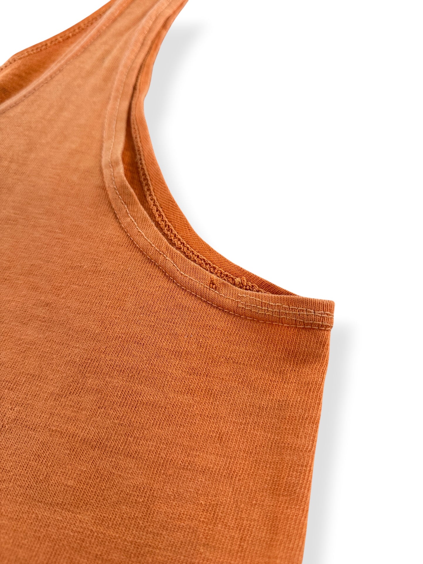 Small hole on armpit hem of Vintage 1960s Faded Orange LCHS Tigers Tank Top SZ M (Fits S)