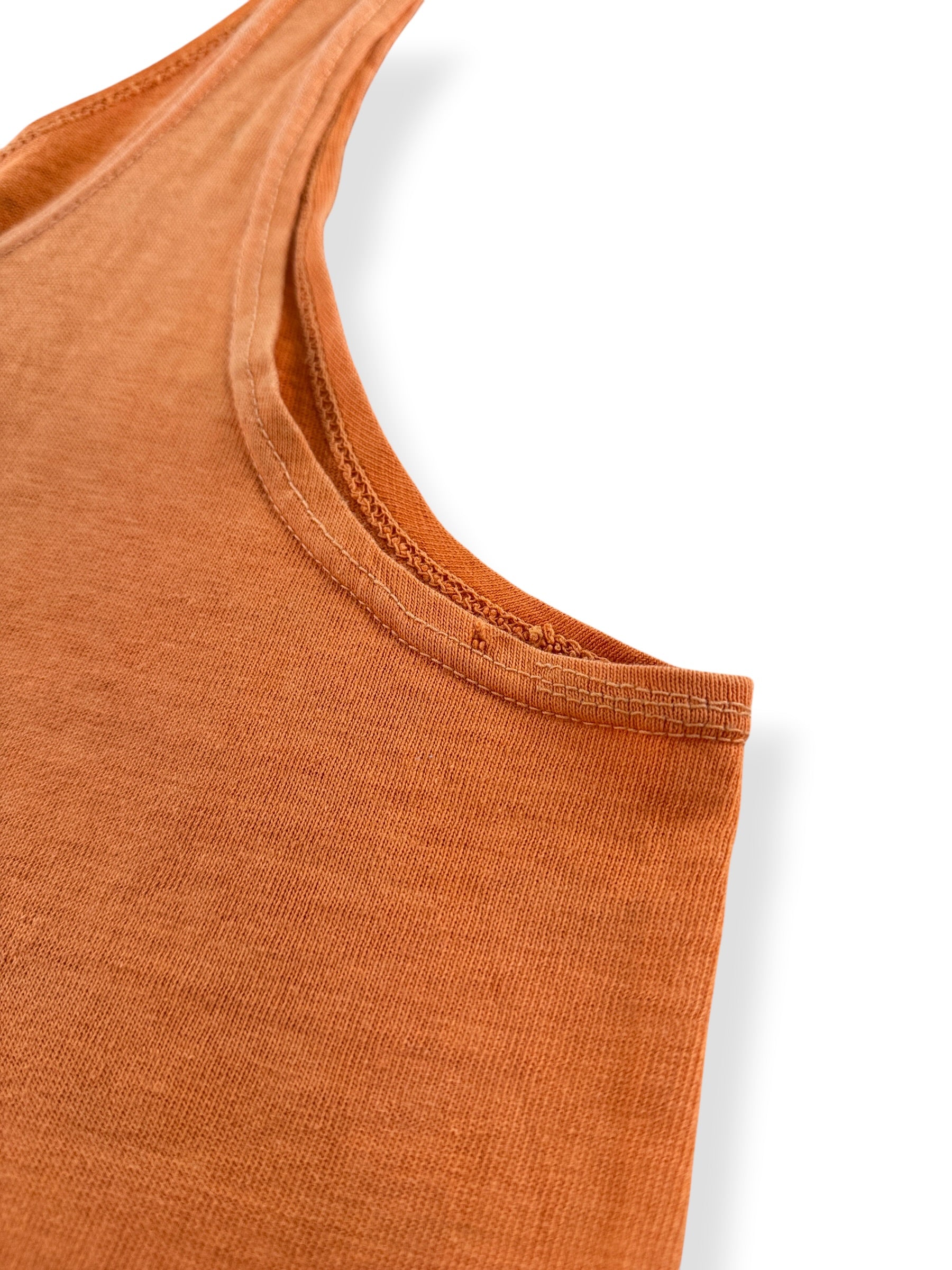 Small hole on armpit hem of Vintage 1960s Faded Orange LCHS Tigers Tank Top SZ M (Fits S)