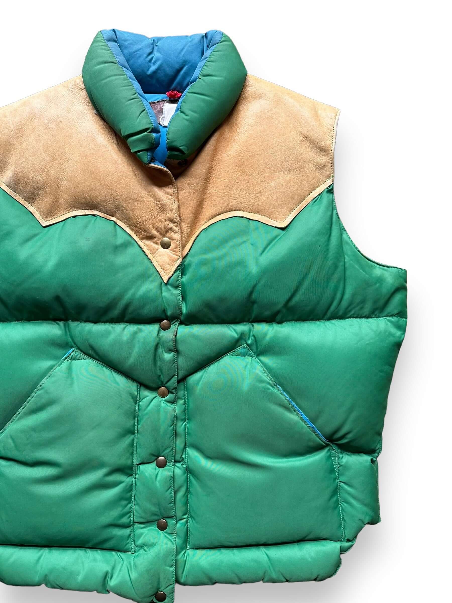 Front Left View of Vintage Rocky Mountain Featherbed Green and Blue Down Vest SZ XL