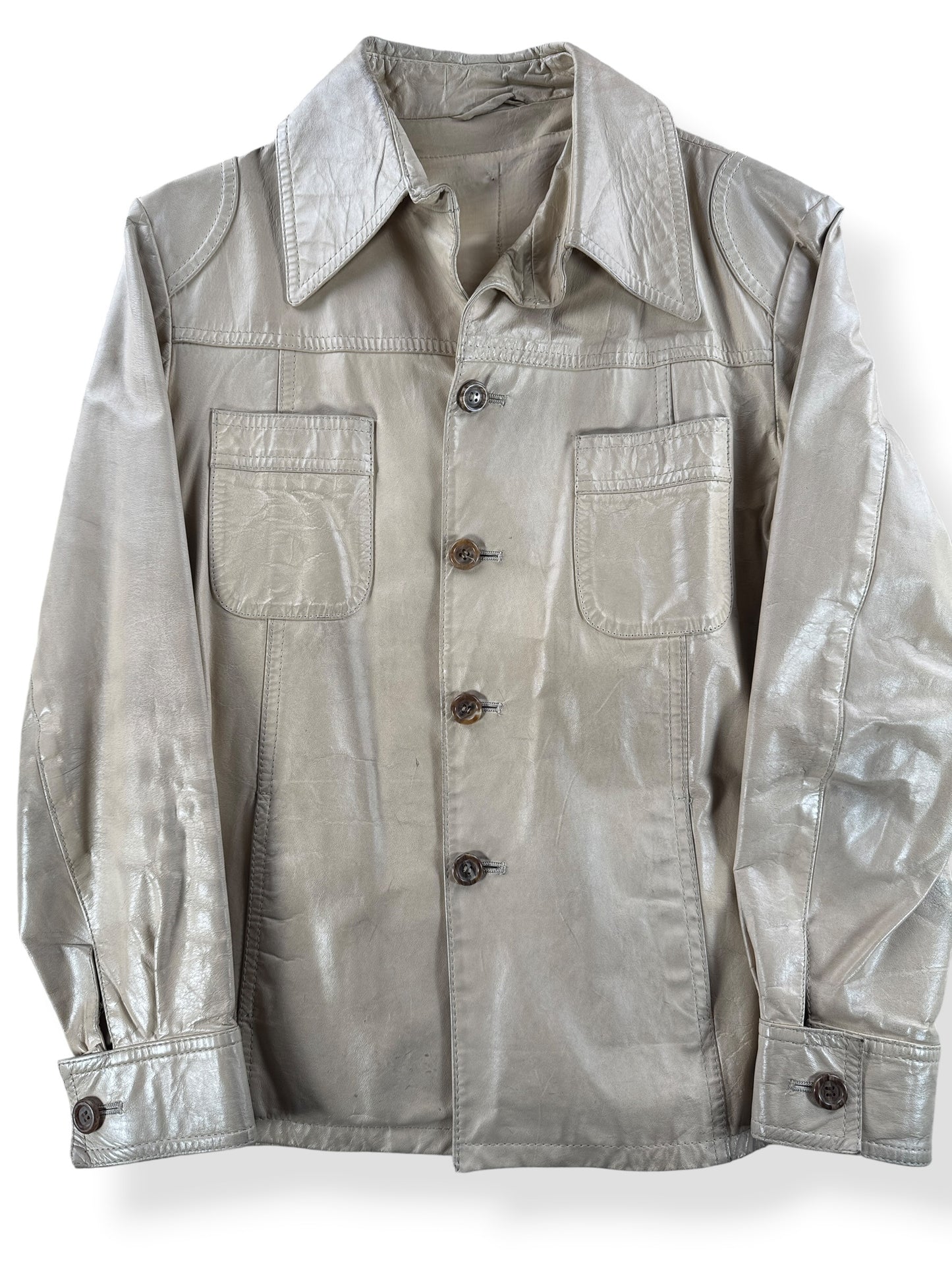 Front Close Up of Vintage 70s Beige Leather Coat SZ L