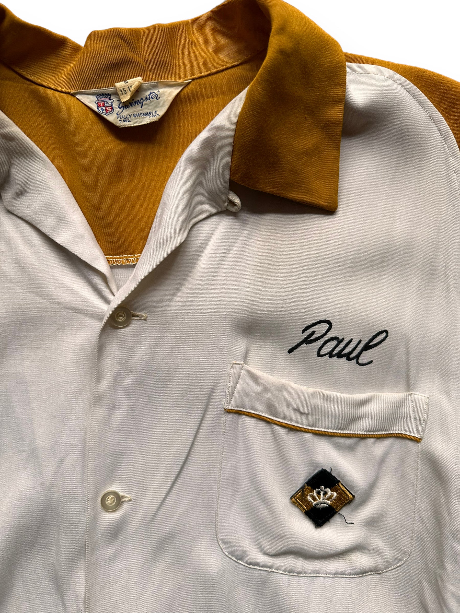 "Paul" embroidery on front left breast of Vintage Fairbanks Millwork Bowling Shirt SZ L | Vintage Bowling Shirt Seattle | Barn Owl Vintage Seattle