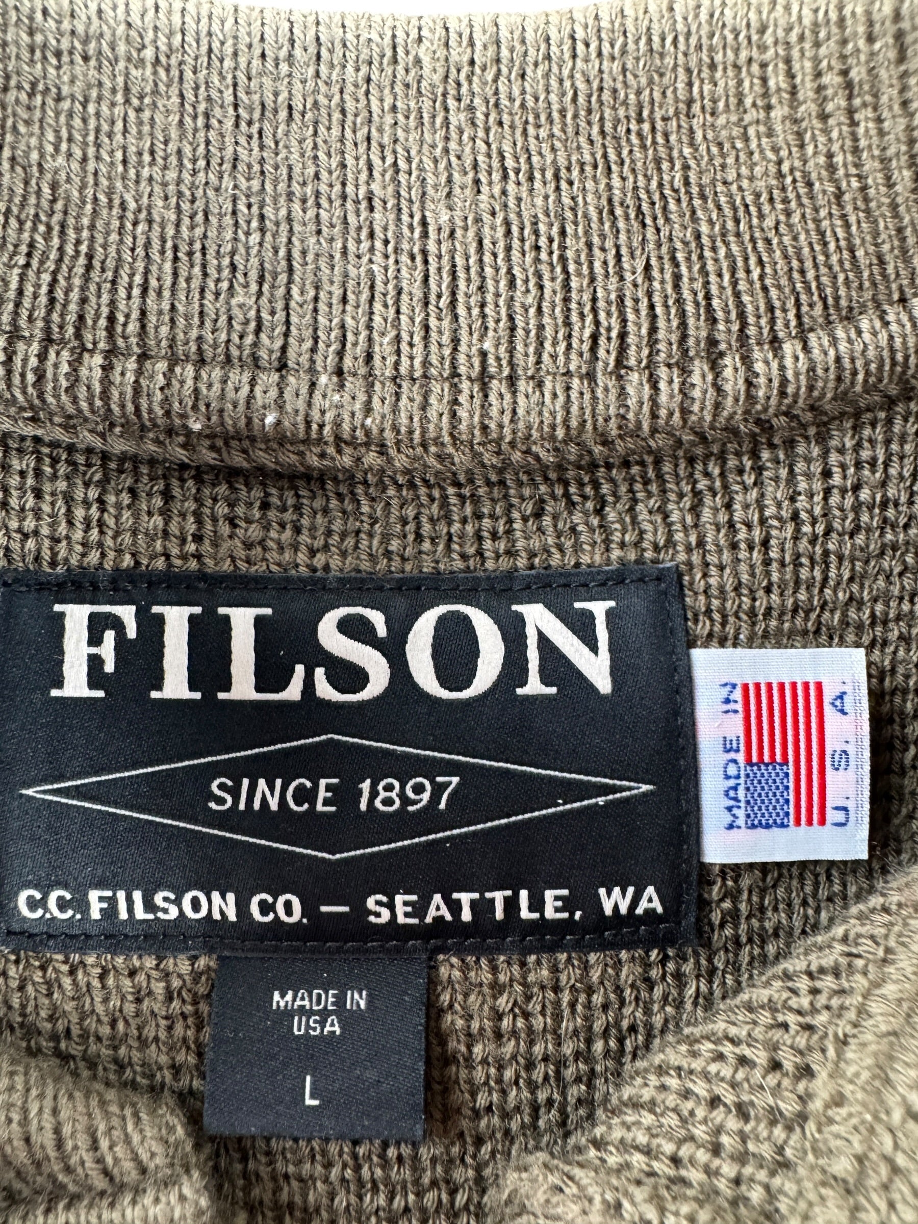Tag on Filson Henley Guide Sweater SZ L