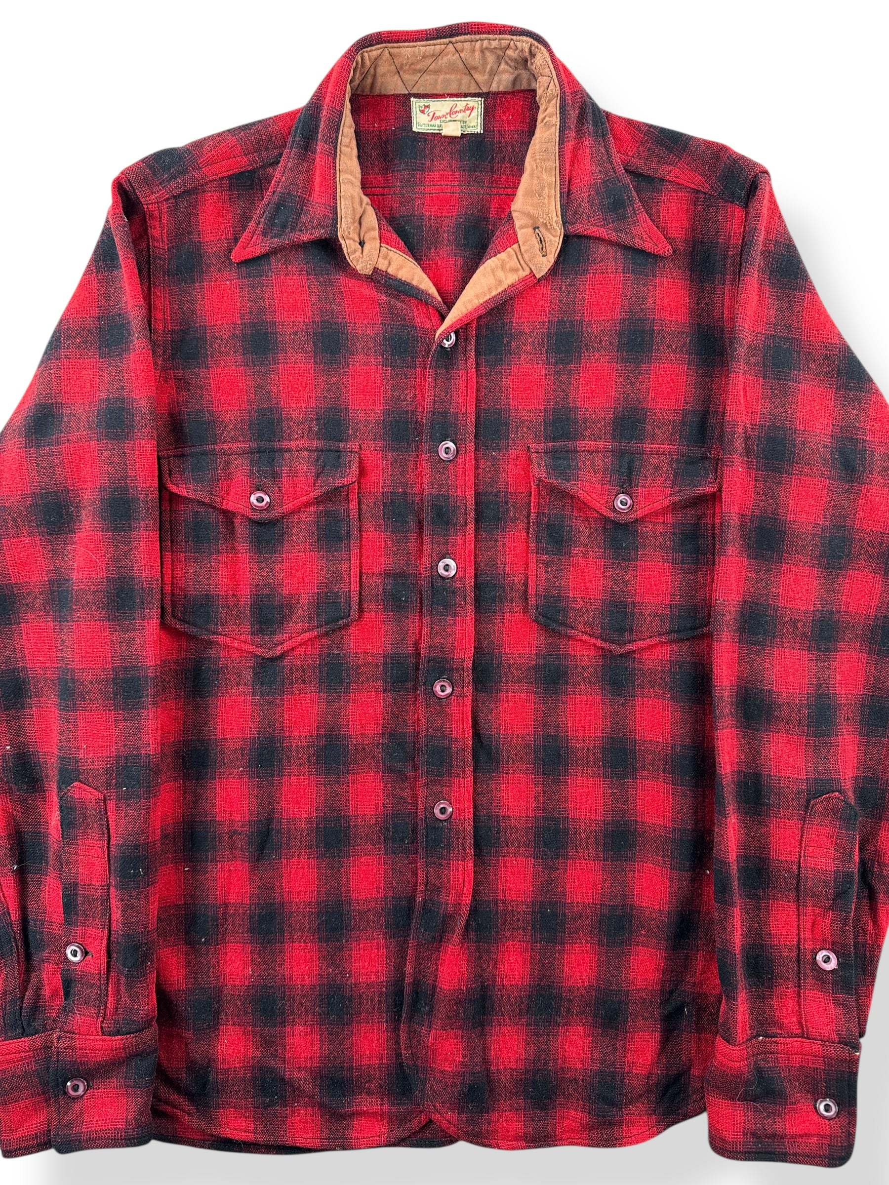 Front Close Up of Vintage Town & Country Wool Shadow Plaid Flannel SZ M