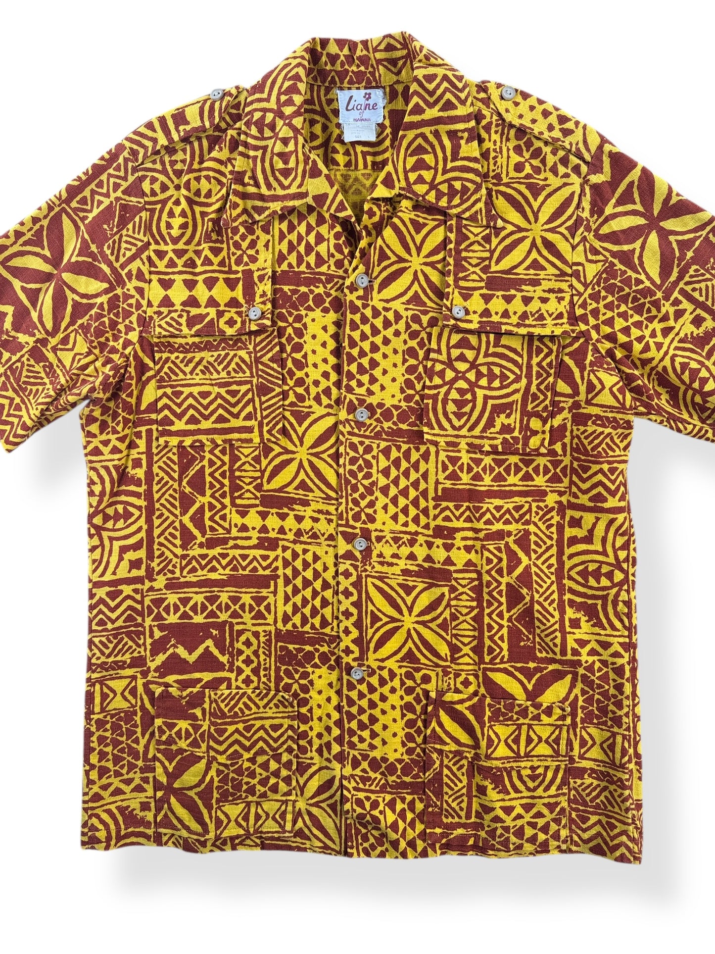Front Close Up of Vintage Liane Bark Cloth Aloha Shirt SZ L