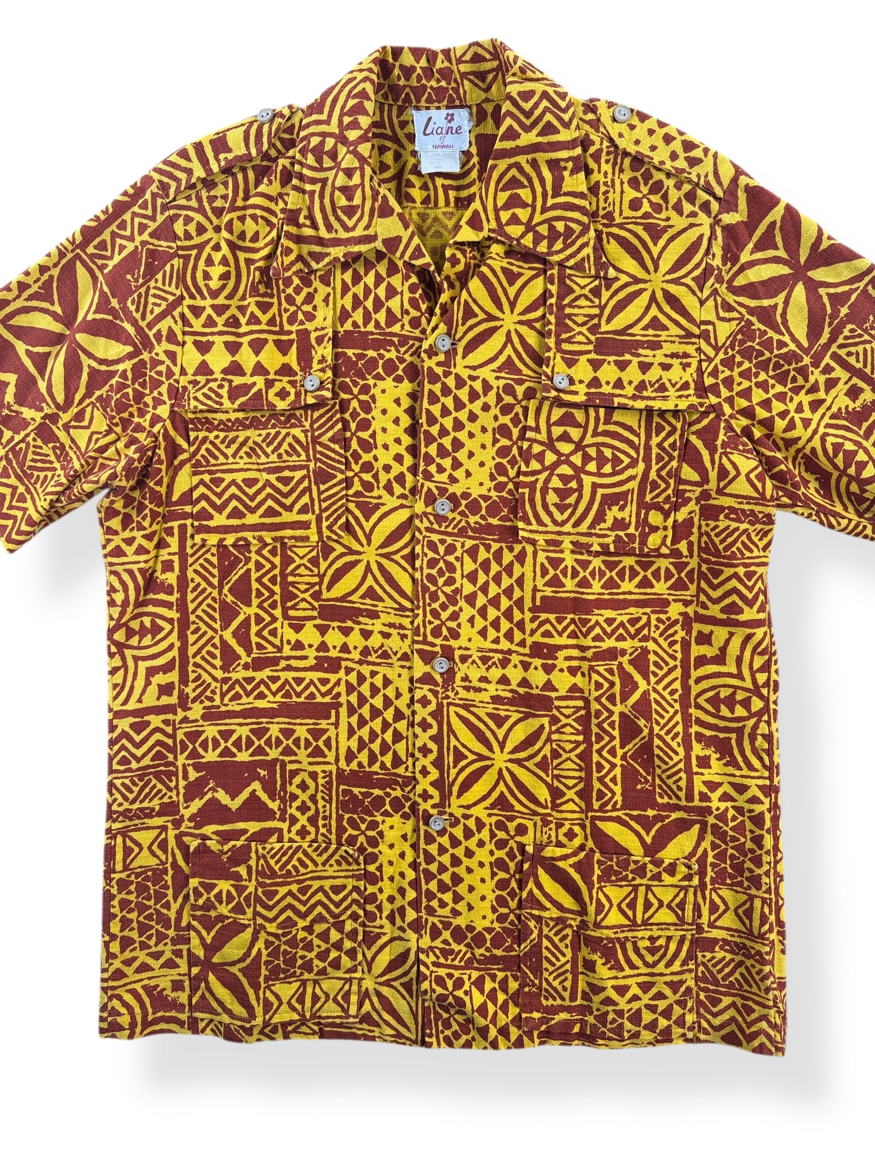 Front Close Up of Vintage Liane Bark Cloth Aloha Shirt SZ L
