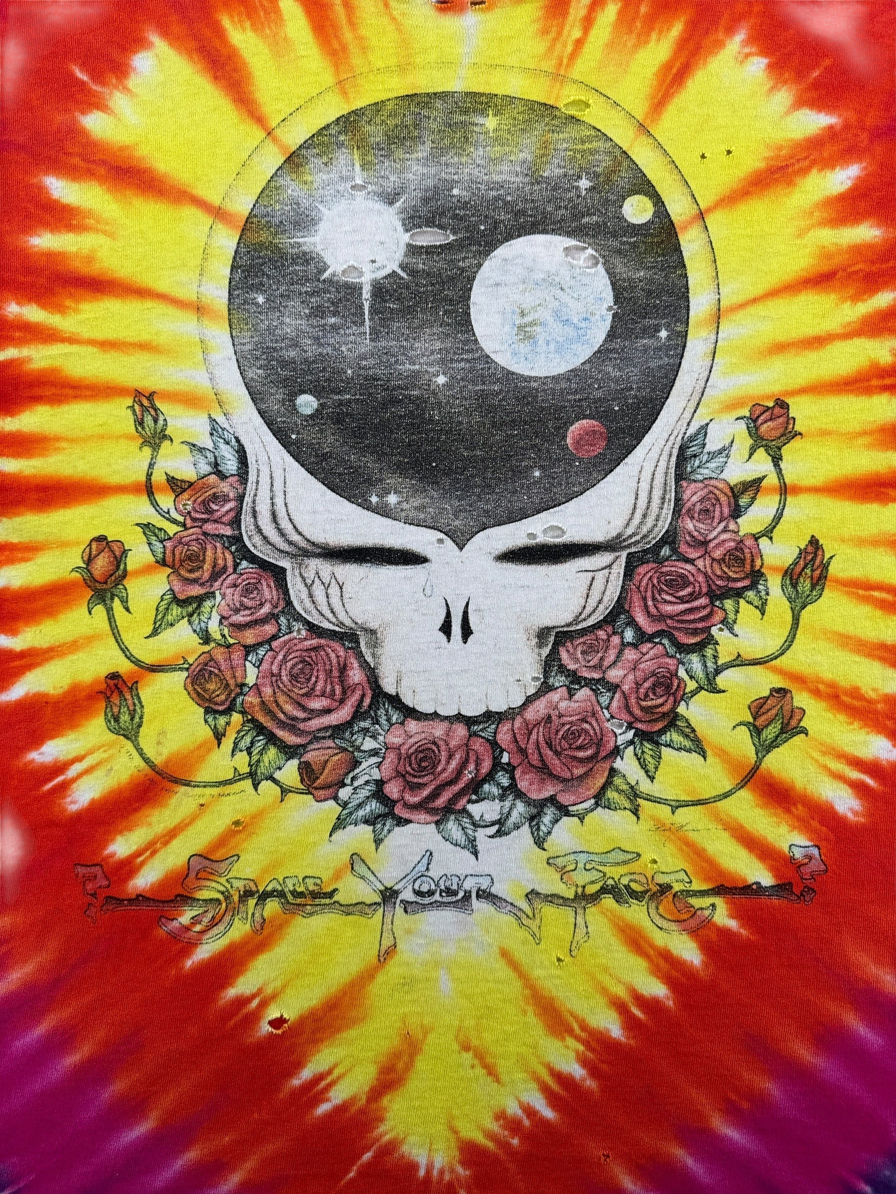 Front Graphic of Vintage Grateful Dead Steal Your Face Liquid Blue Tie Dye Tee SZ XL AS IS
