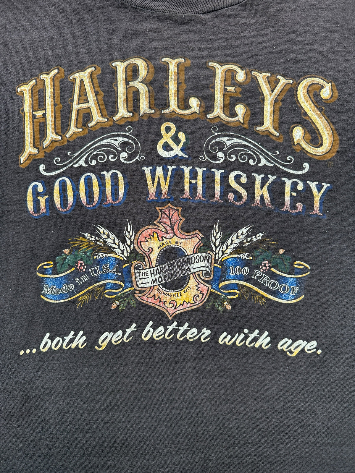 Front graphic on Vintage 1980s Paper Thin Harley Davidson Whiskey Tee SZ S