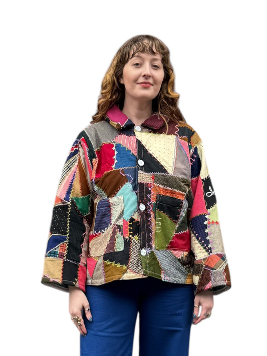 On Body Front of Archive Craft X Barn Owl Vintage Quilt Jacket