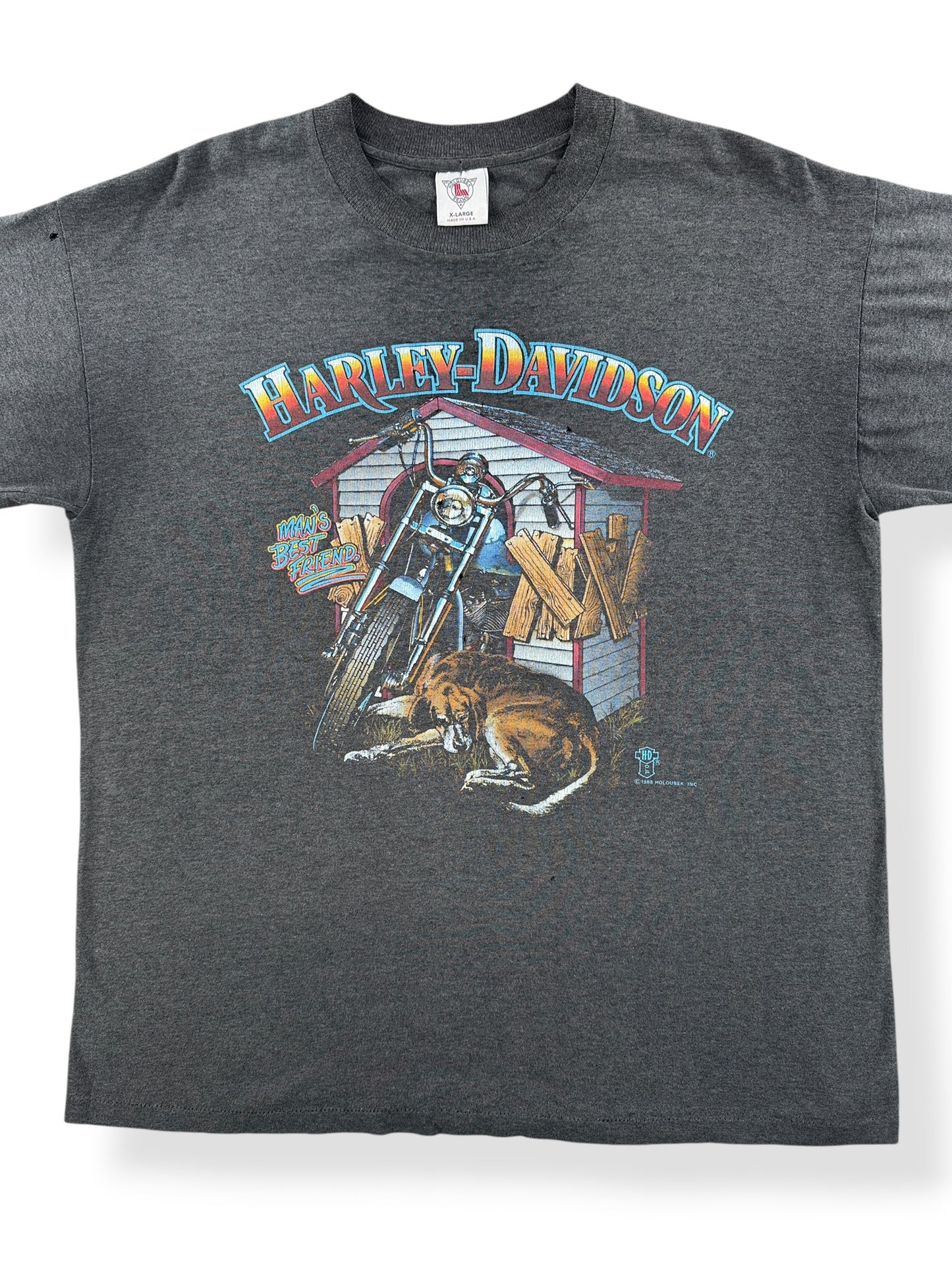 Front Close Up of Vintage Holoubek Mans Best Friend Harley Davidson Tee SZ XL (Fits L)