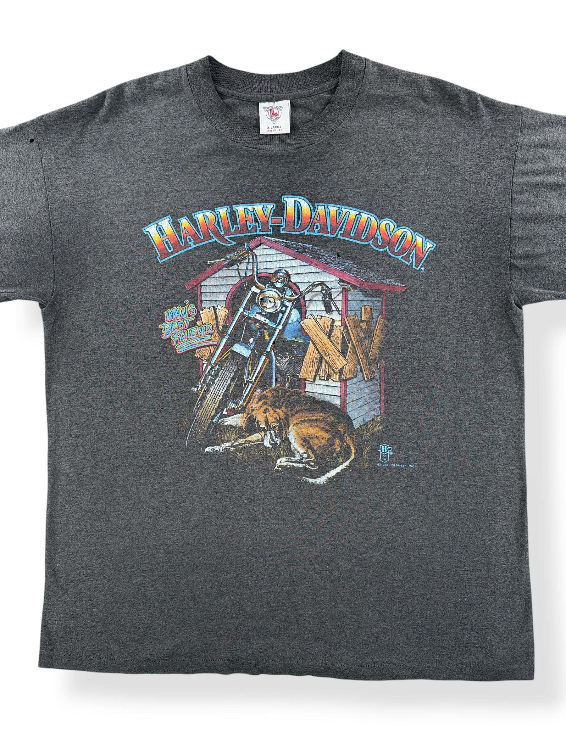Front Close Up of Vintage Holoubek Mans Best Friend Harley Davidson Tee SZ XL (Fits L)