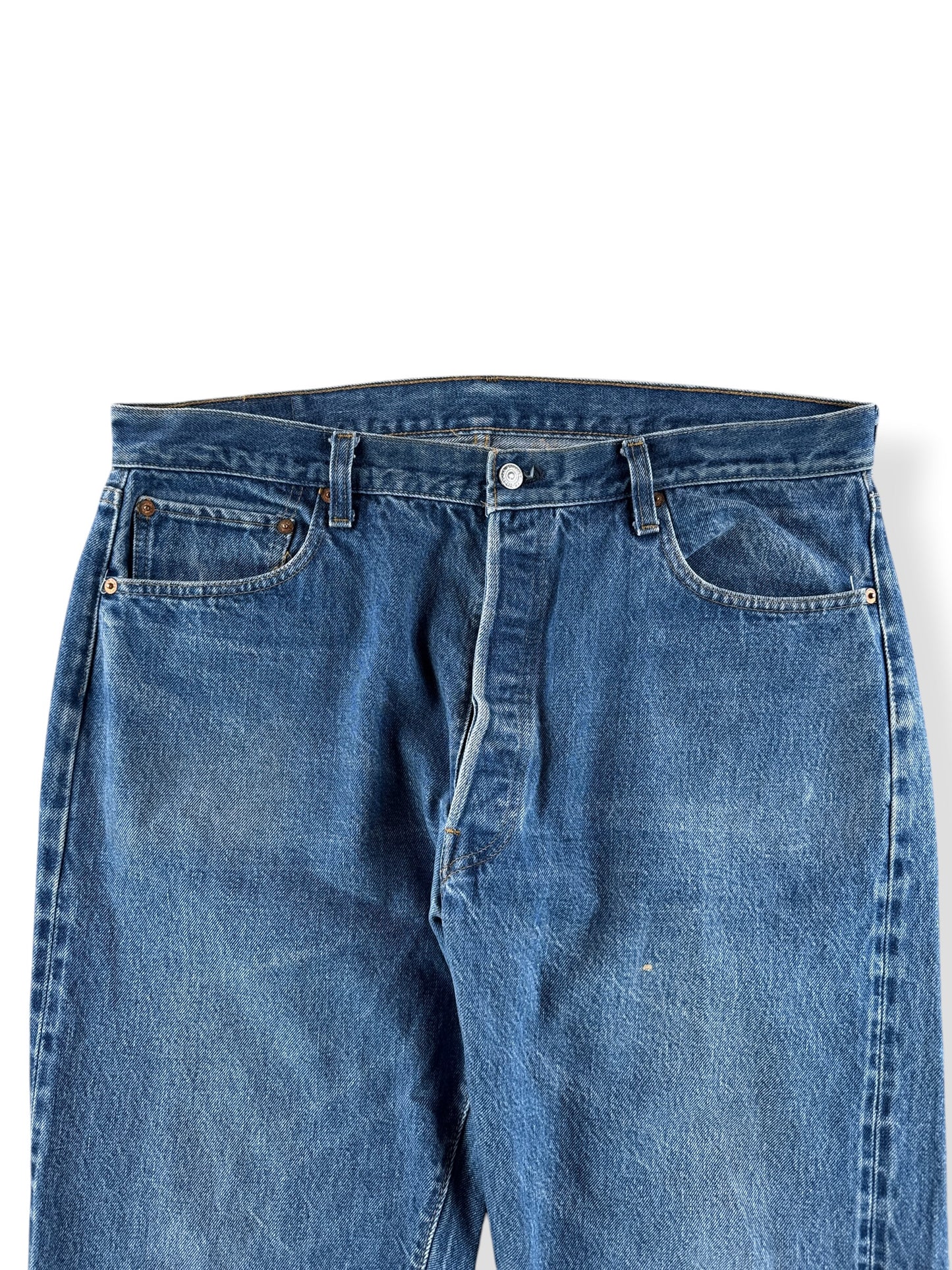 Front Close Up of Vintage Double Stitch 80s Levis 501 Redline Jeans W38