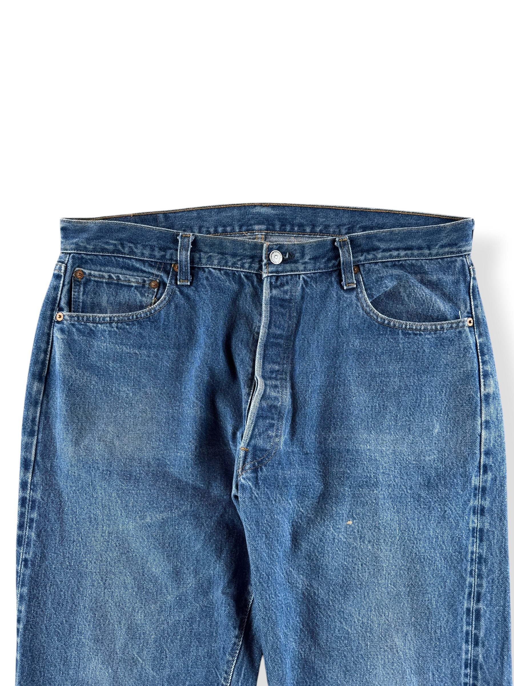 Front Close Up of Vintage Double Stitch 80s Levis 501 Redline Jeans W38