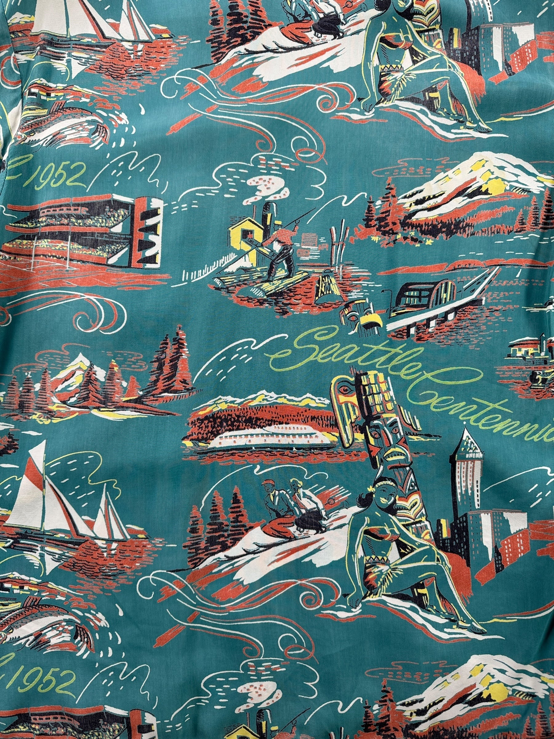 Design on Vintage Blue Driftwood Seattle Centennial Aloha Shirt SZ M