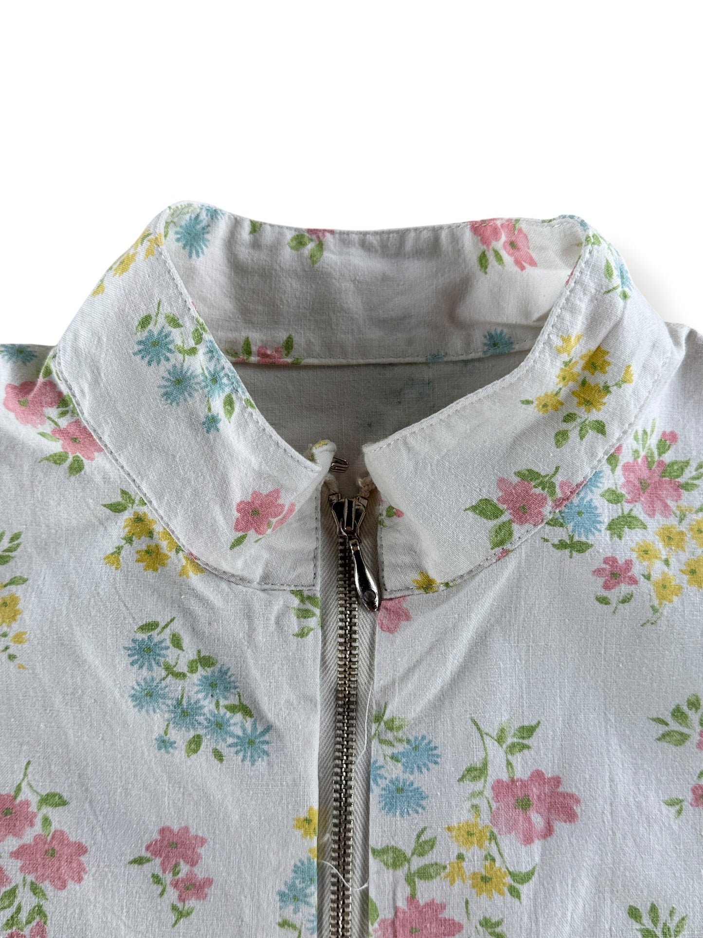 Collar on Vintage Floral Cotton Zip Up Top SZ M