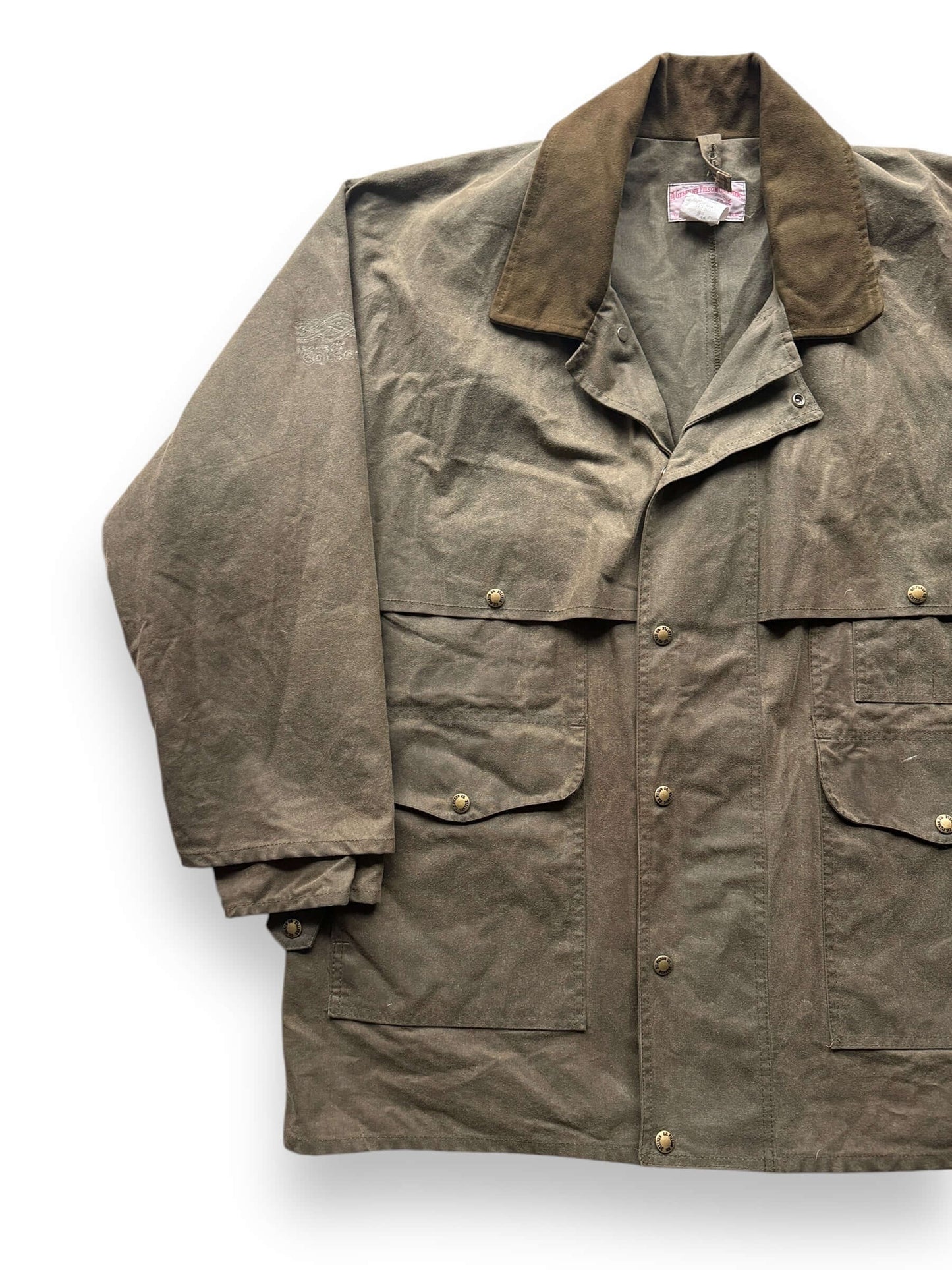 front right of Vintage Filson Shelter Cloth Packer Coat w/ Microsoft Sleeve Embroidery SZ 44