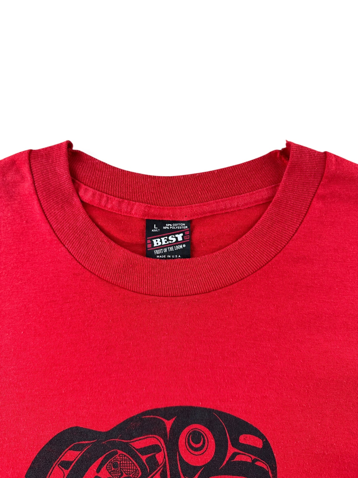 Collar on Vintage Red 1990 First Nations Orca Tee SZ L
