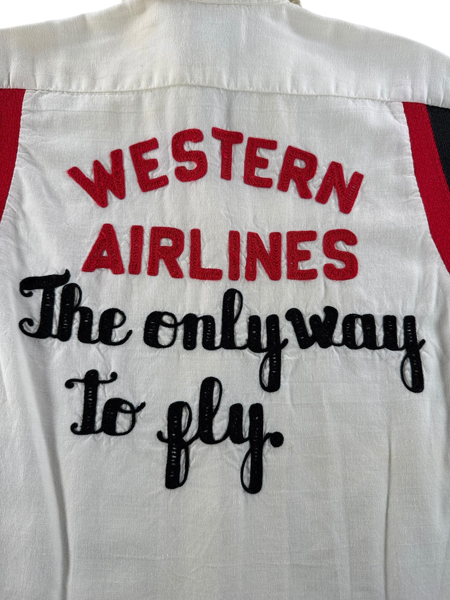 Back Graphic of Vintage Western Airlines The Only Way to Fly Bowling Shirt SZ 34 (Fits XS)