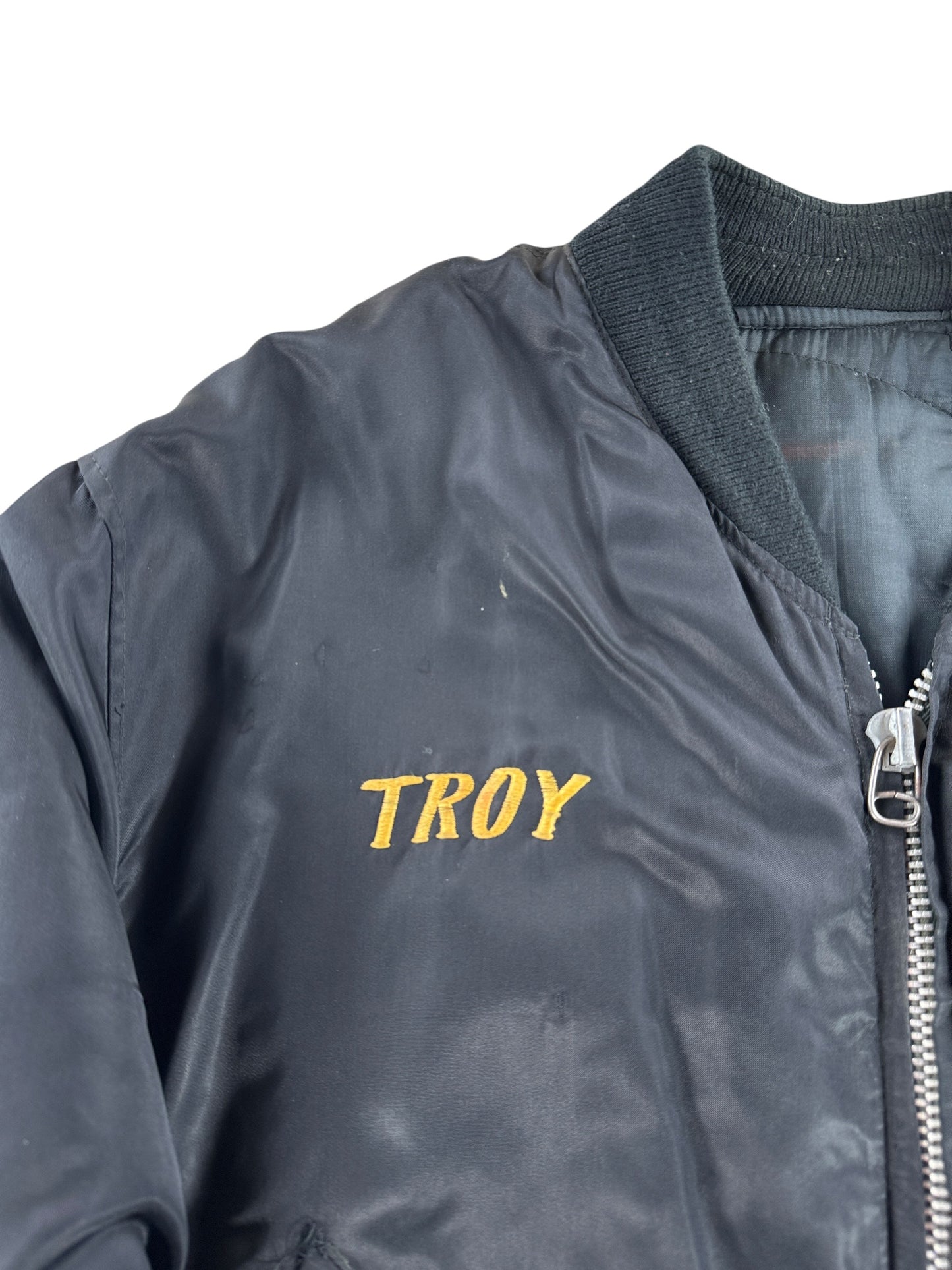 The name Troy embroidered into Vintage '78 Korea 'Troy' Souvenir Jacket SZ L - AS IS
