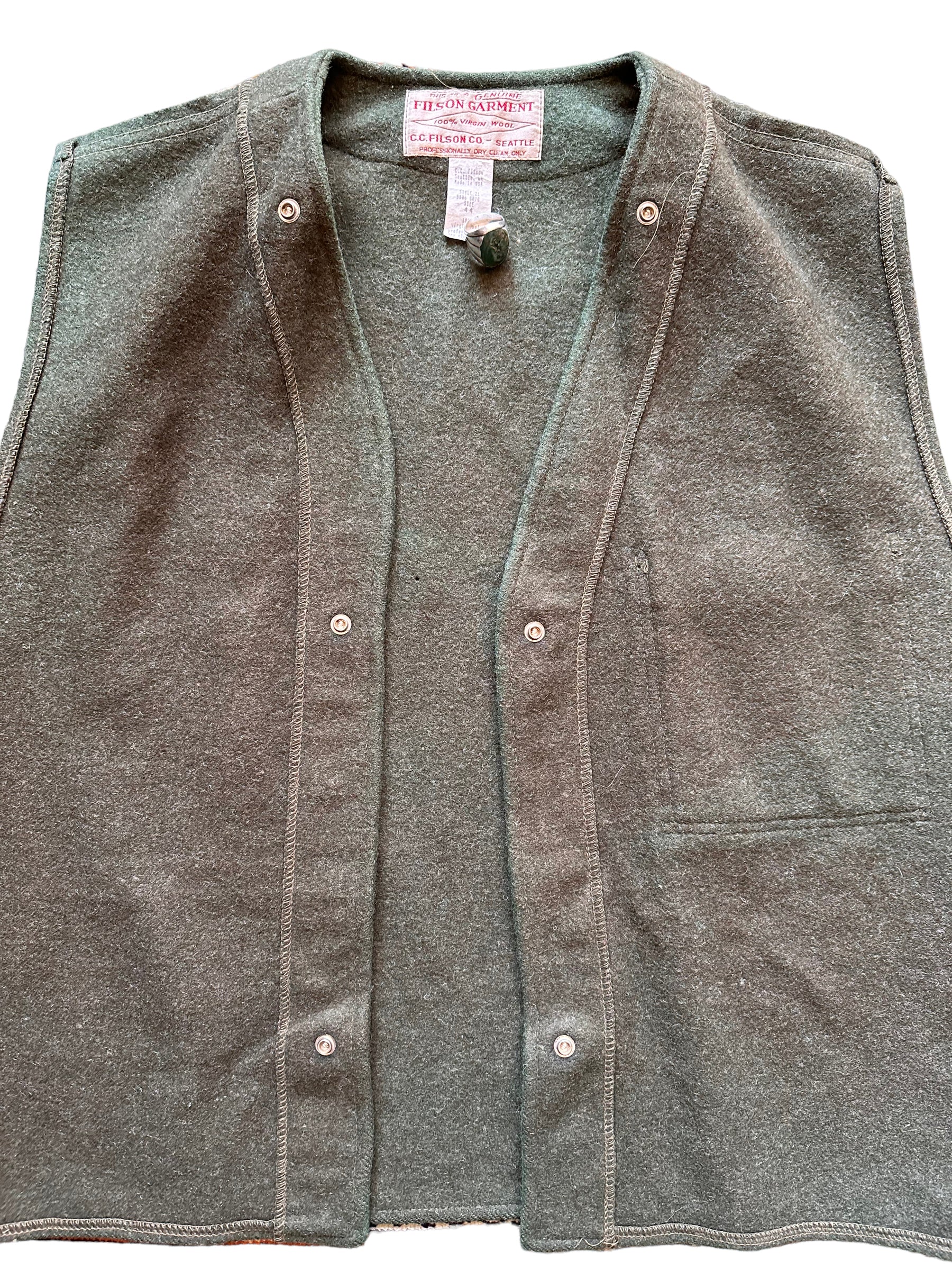 Front Detail on Vintage Filson Green Wool Snap In Liner SZ 44 |  Vintage Filson Workwear Seattle | Barn Owl Vintage
