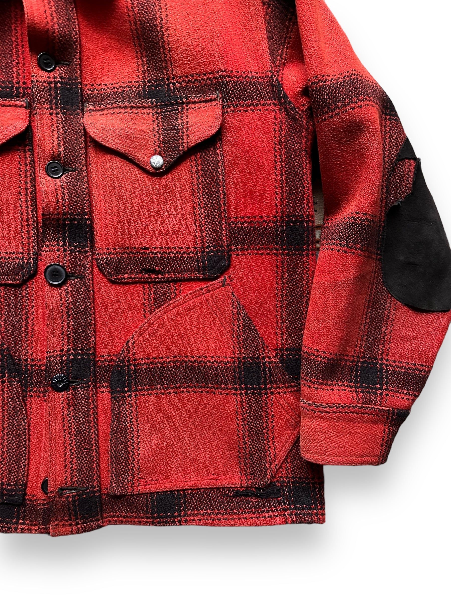 Lower Left Front View of Vintage 75% Red Filson Hunter Wool Jacket SZ 44 | Vintage Filson Workwear Seattle | Vintage Workwear Seattle
