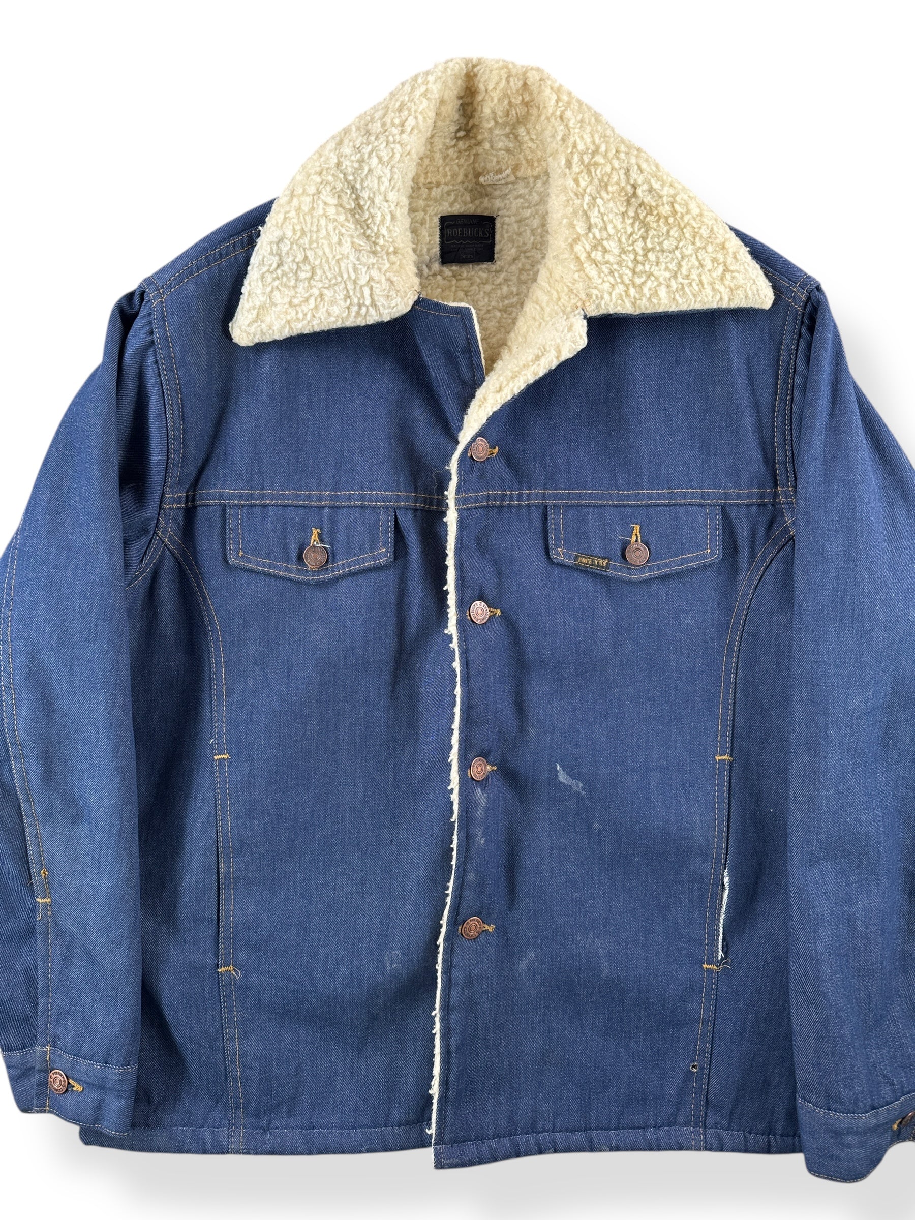Front Close Up of Vintage Roebucks Raw Denim Shearling Jacket SZ 46 XL
