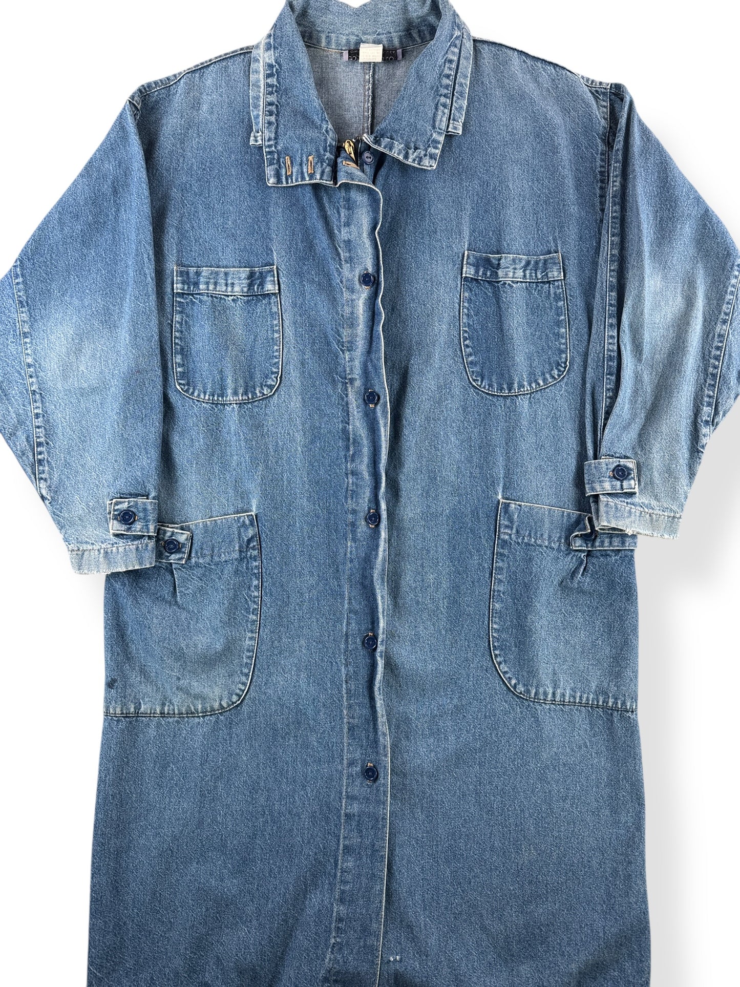 Front Close Up of Vintage 80s Long Denim Duster Coat SZ XL