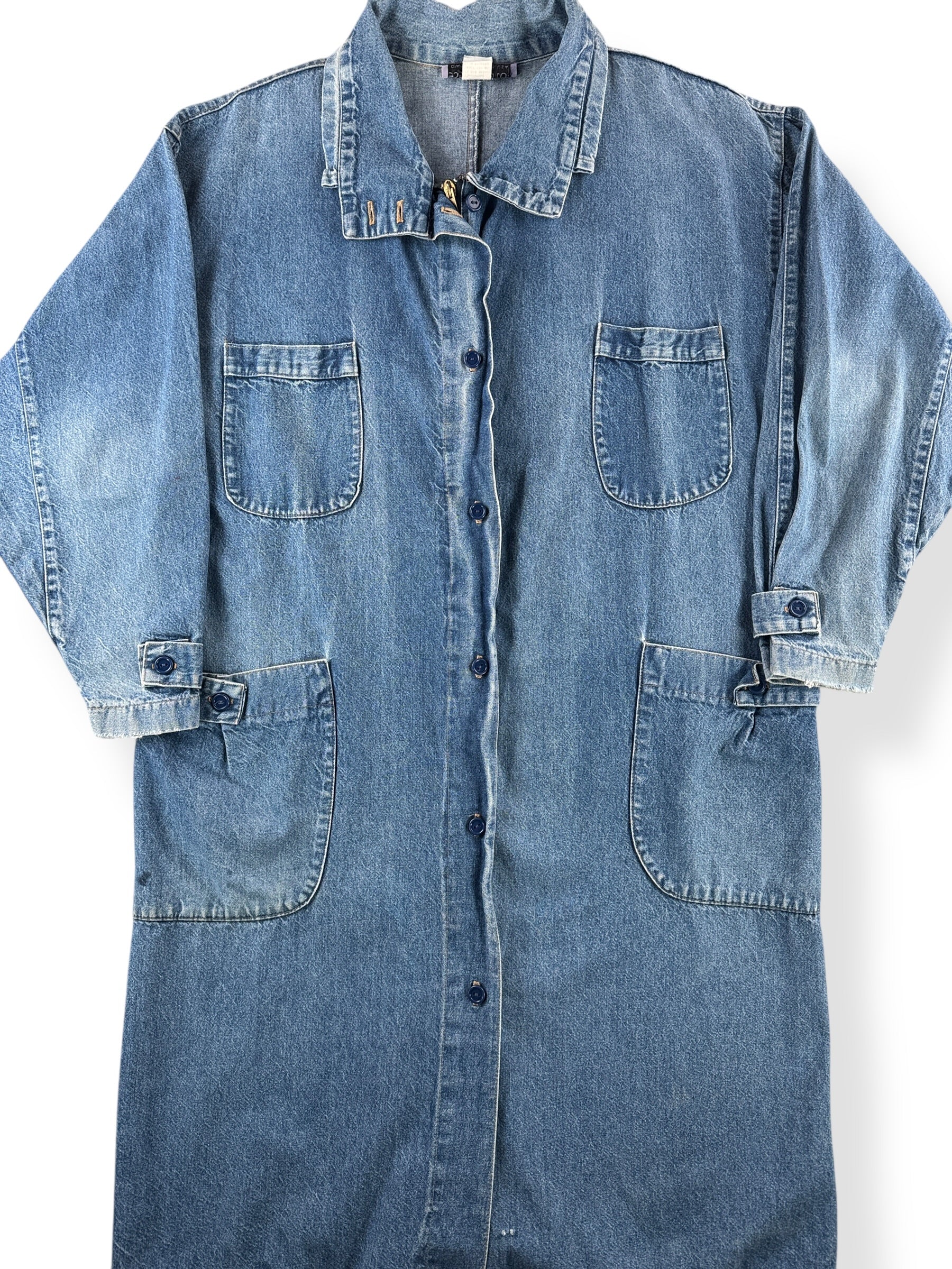 Front Close Up of Vintage 80s Long Denim Duster Coat SZ XL