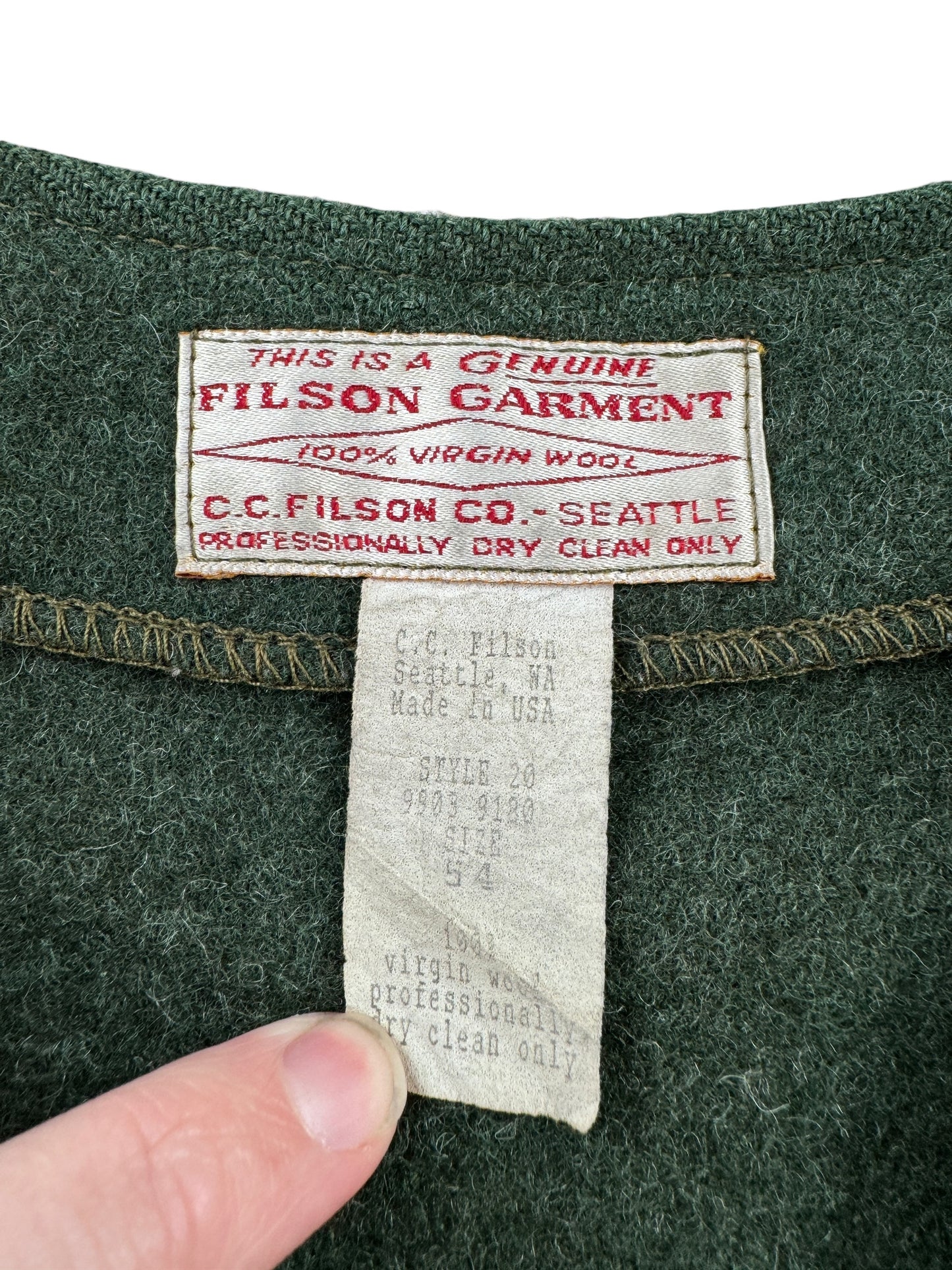 Tag on Vintage Filson Mackinaw Wool Green Vest SZ 54