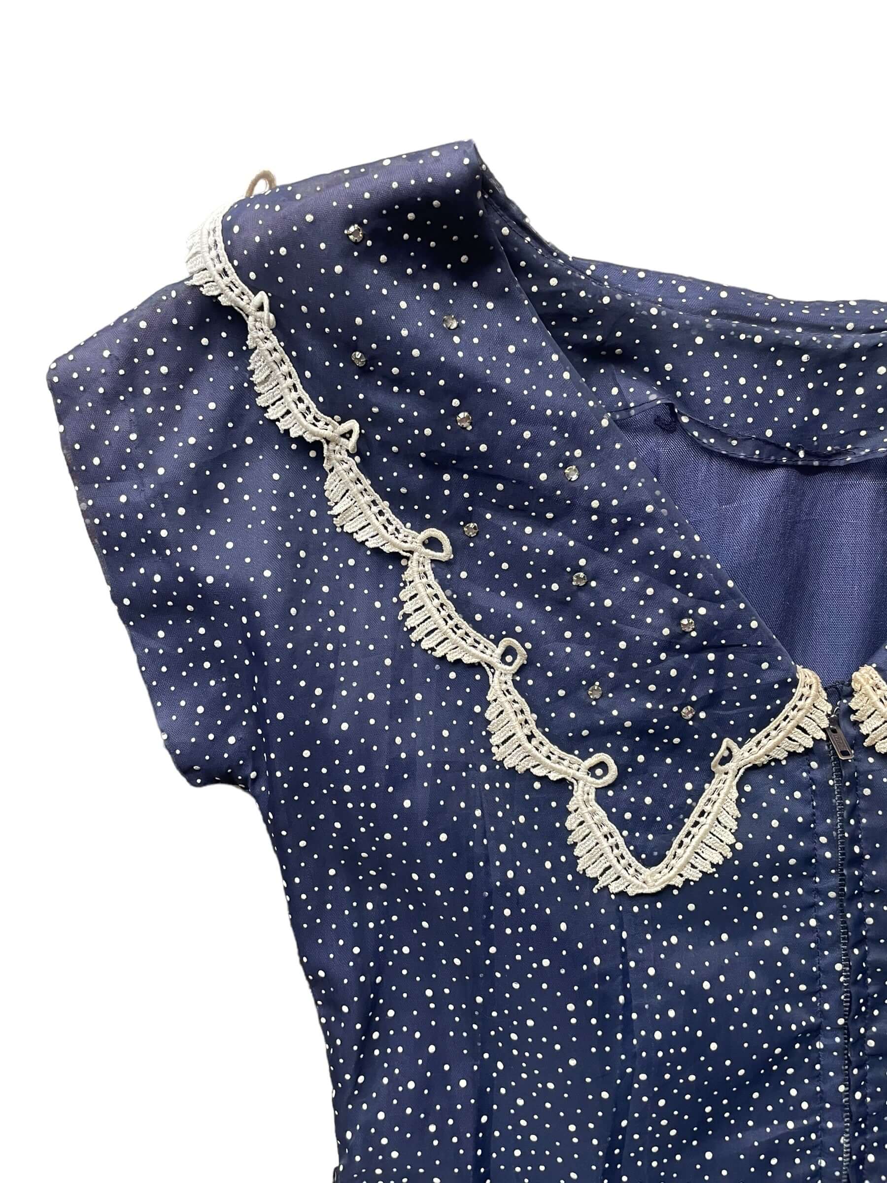 Back lwft shoulder view of Vintage 1940s Navy Blue Swiss Dot Dress |  Barn Owl Vintage Dresses | Seattle Vintage Ladies Clothing