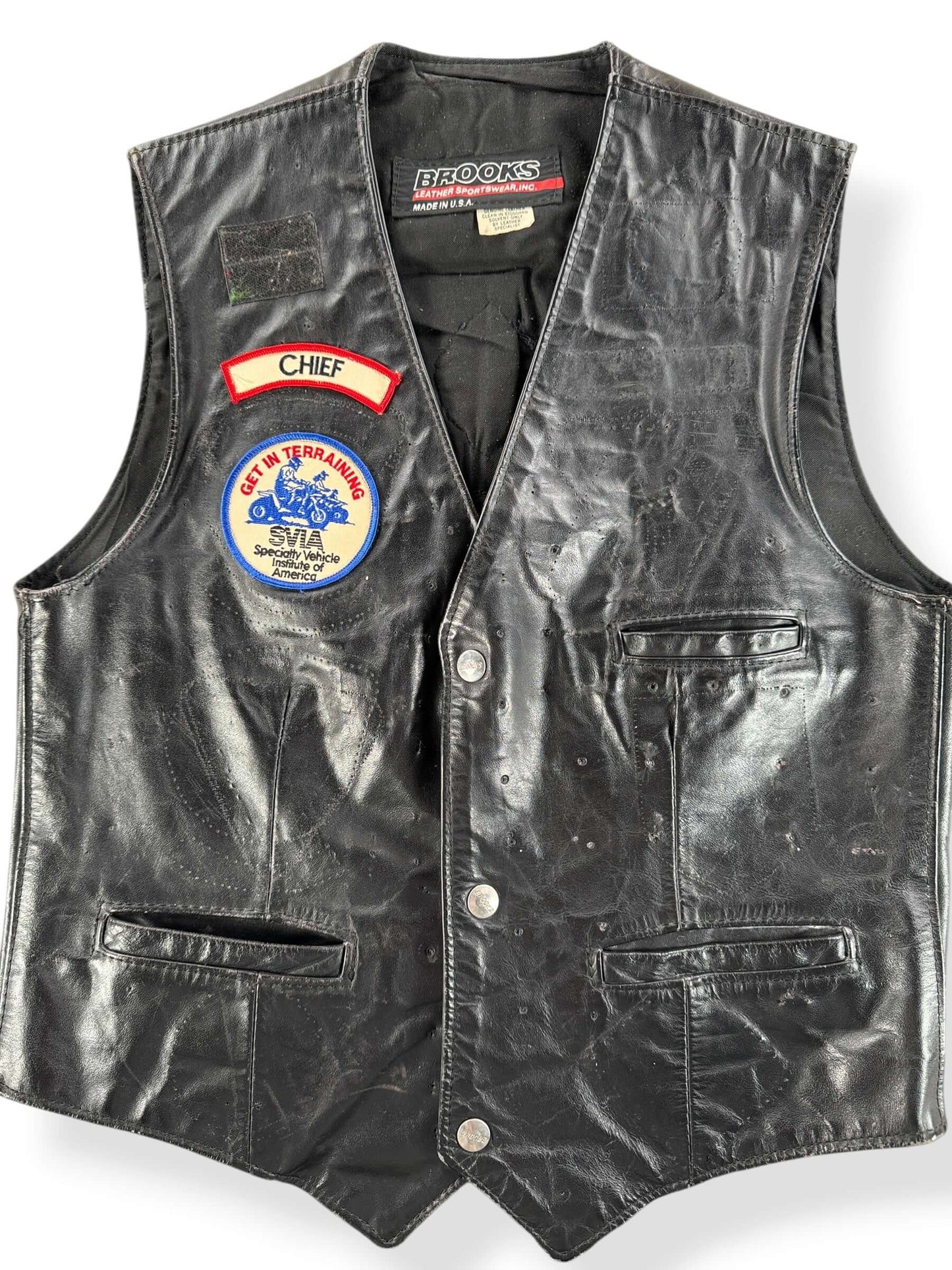 Front Close Up of Vintage Honda Biker Leather Vest SZ XS