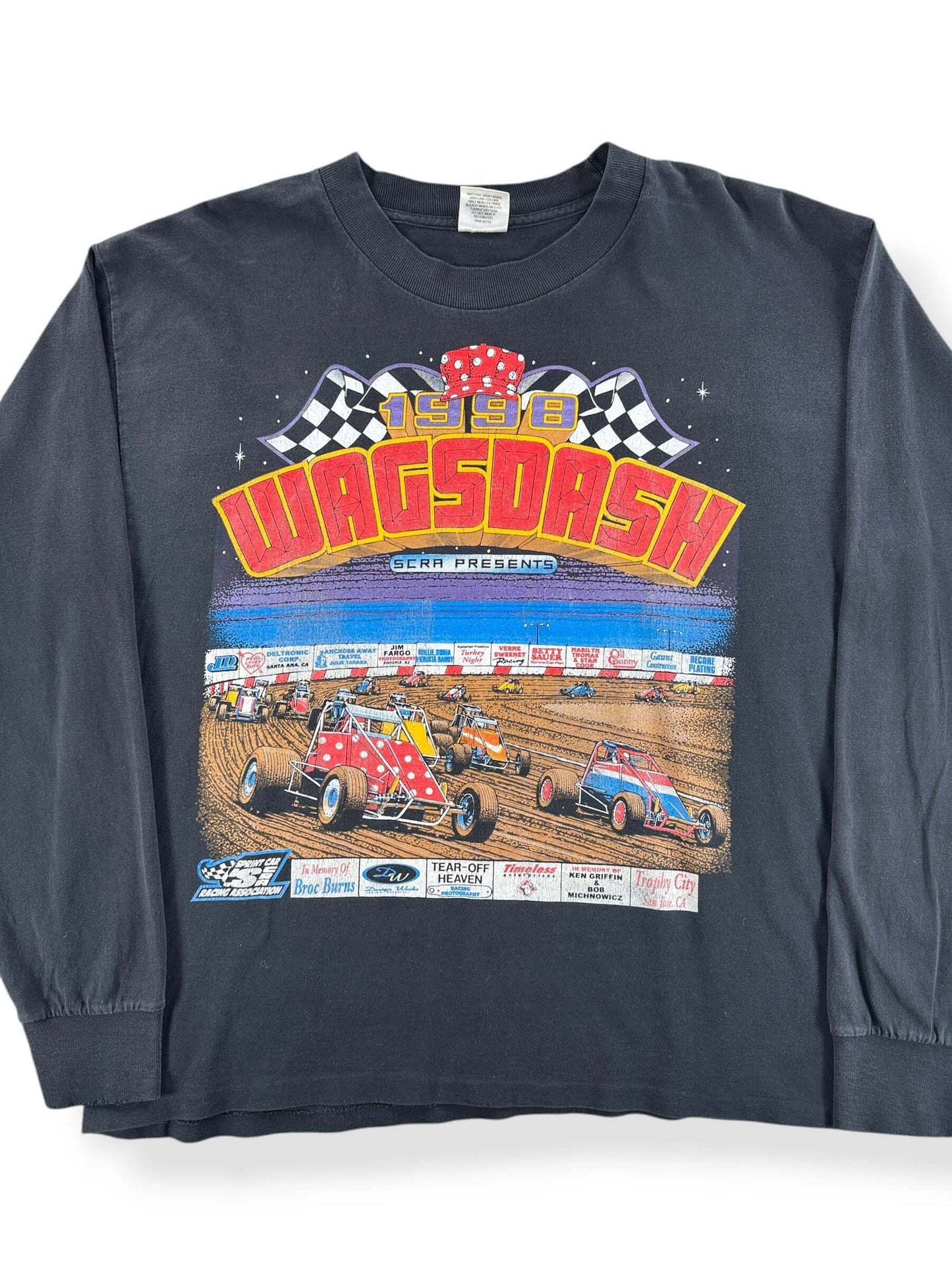 Front Close Up of Vintage 1998 Wagsdash Racing Long Sleeve Tee SZ L