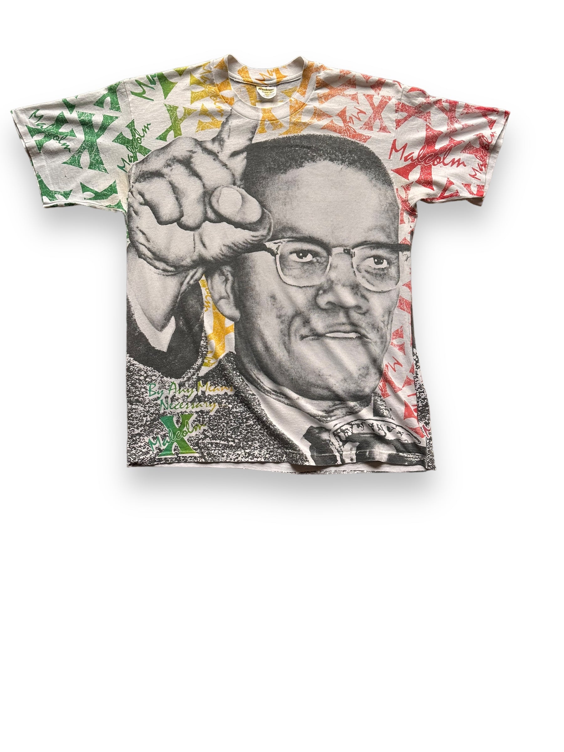 Front View of Vintage Malcolm X All Over Print Tee SZ L | Vintage Malcolm X T-Shirts Seattle | Barn Owl Vintage Clothing Seattle