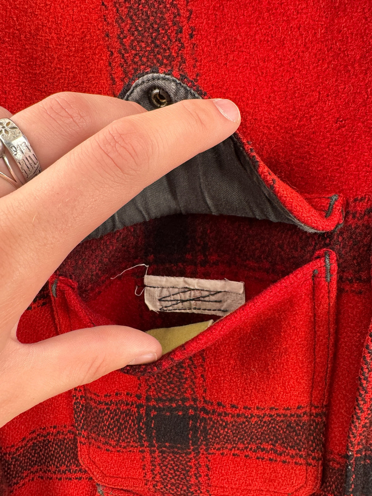 Inside of pocket on Vintage 40s/50s Filson 75% Red Hunter Jacket SZ 38