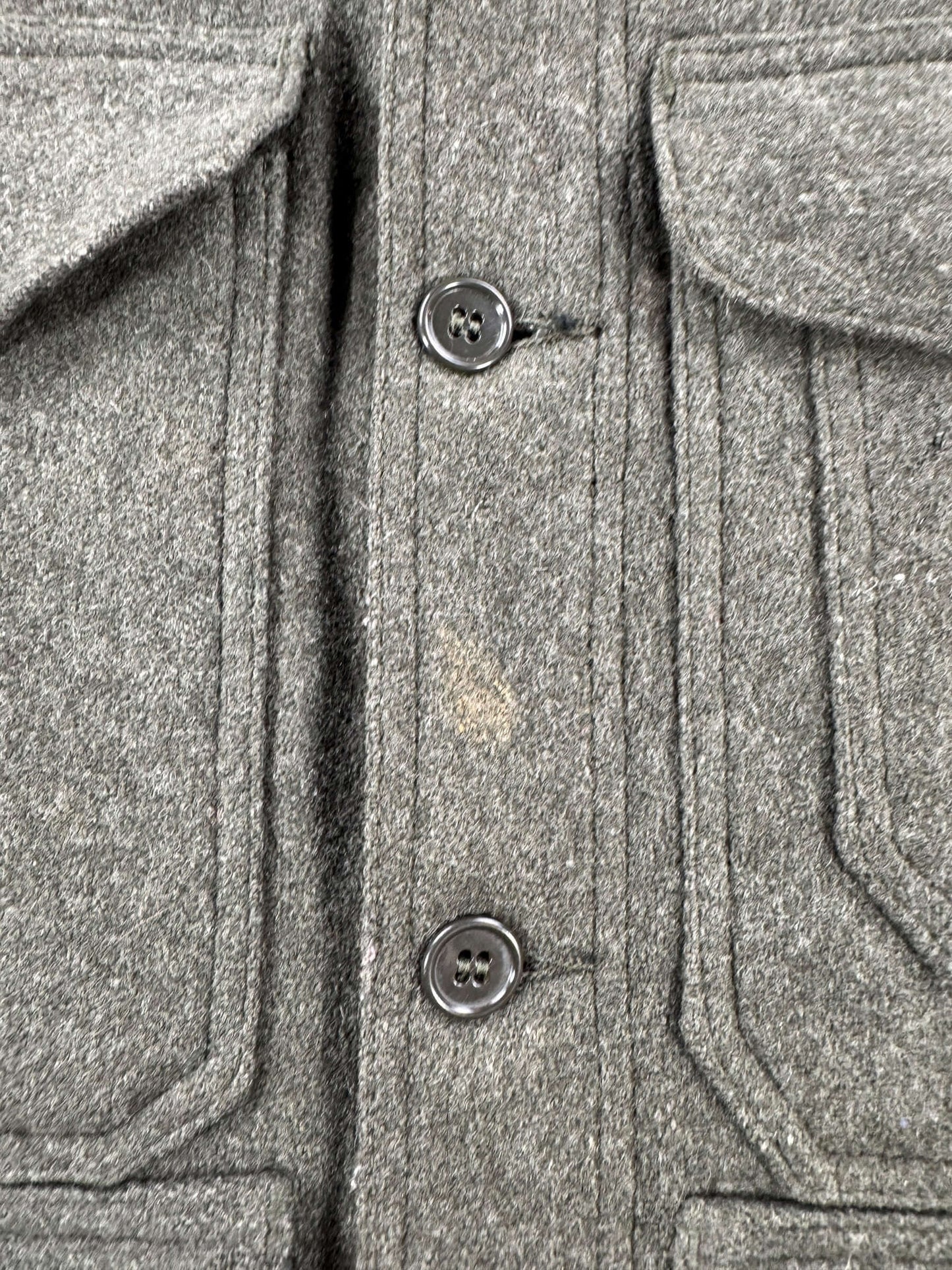 Stain on Placket of Vintage Union Made Filson Mackinaw Green Cruiser SZ 48