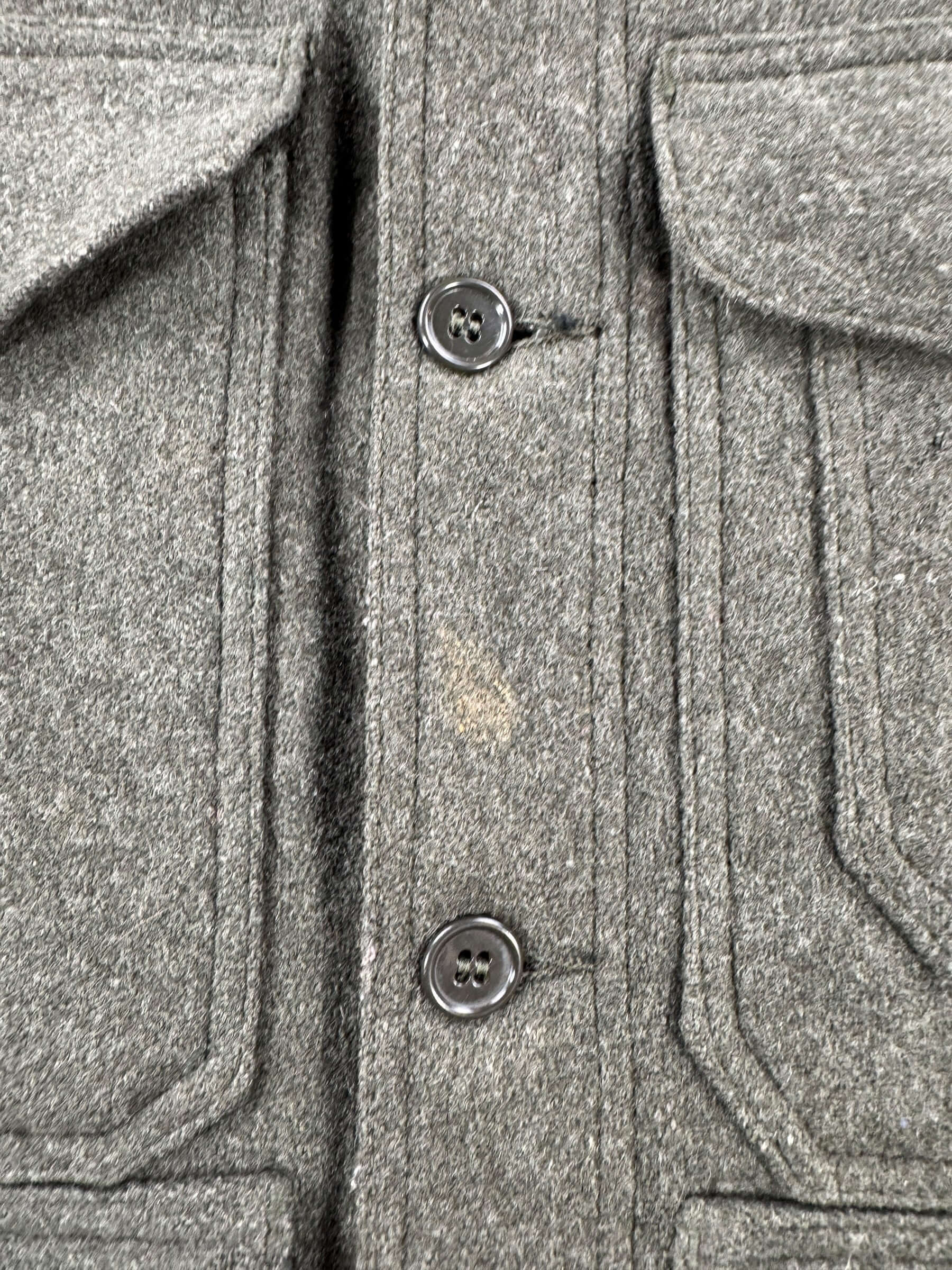 Stain on Placket of Vintage Union Made Filson Mackinaw Green Cruiser SZ 48